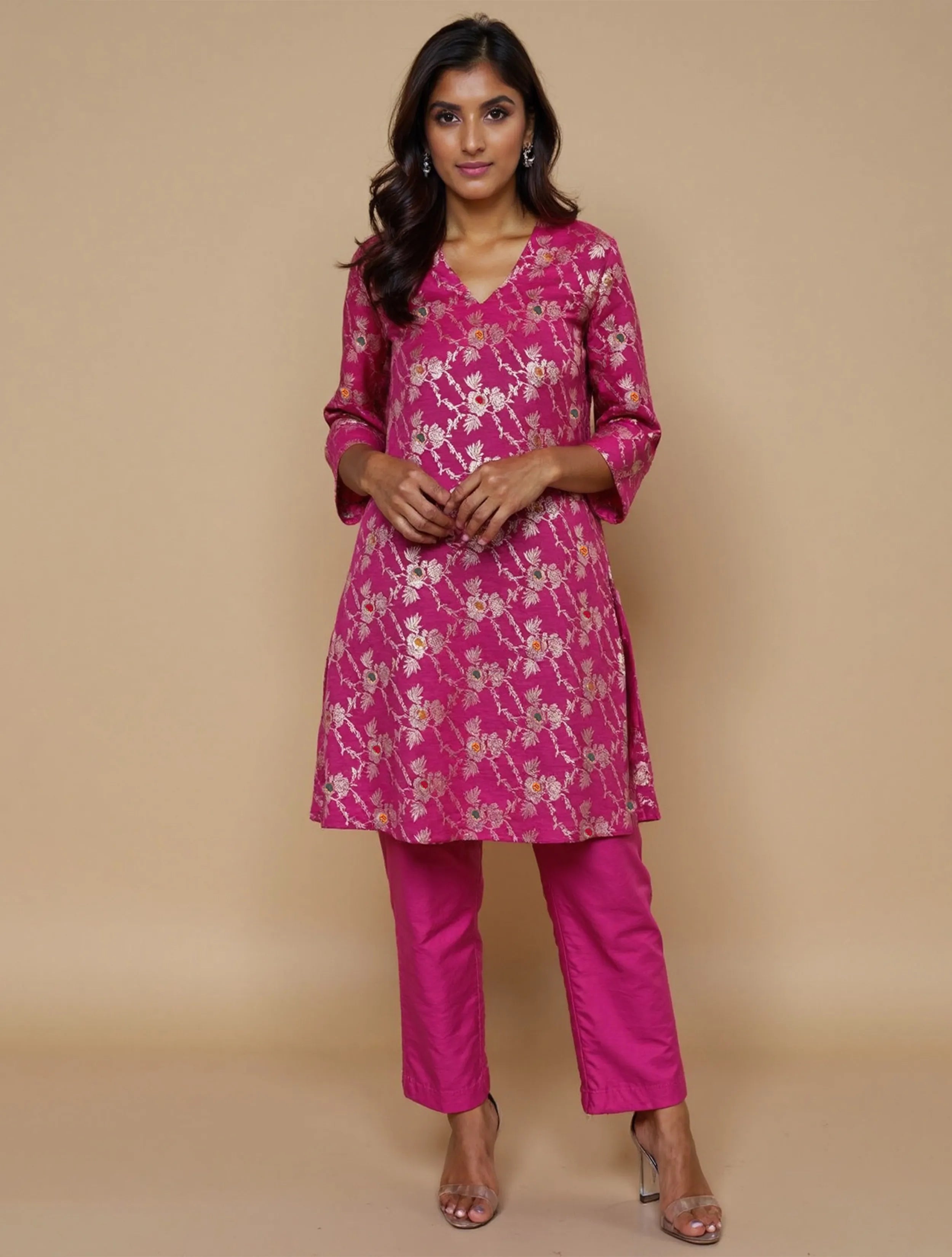 trueBrowns Pink Brocade A-Line Kurta Co-Ord Pants Set