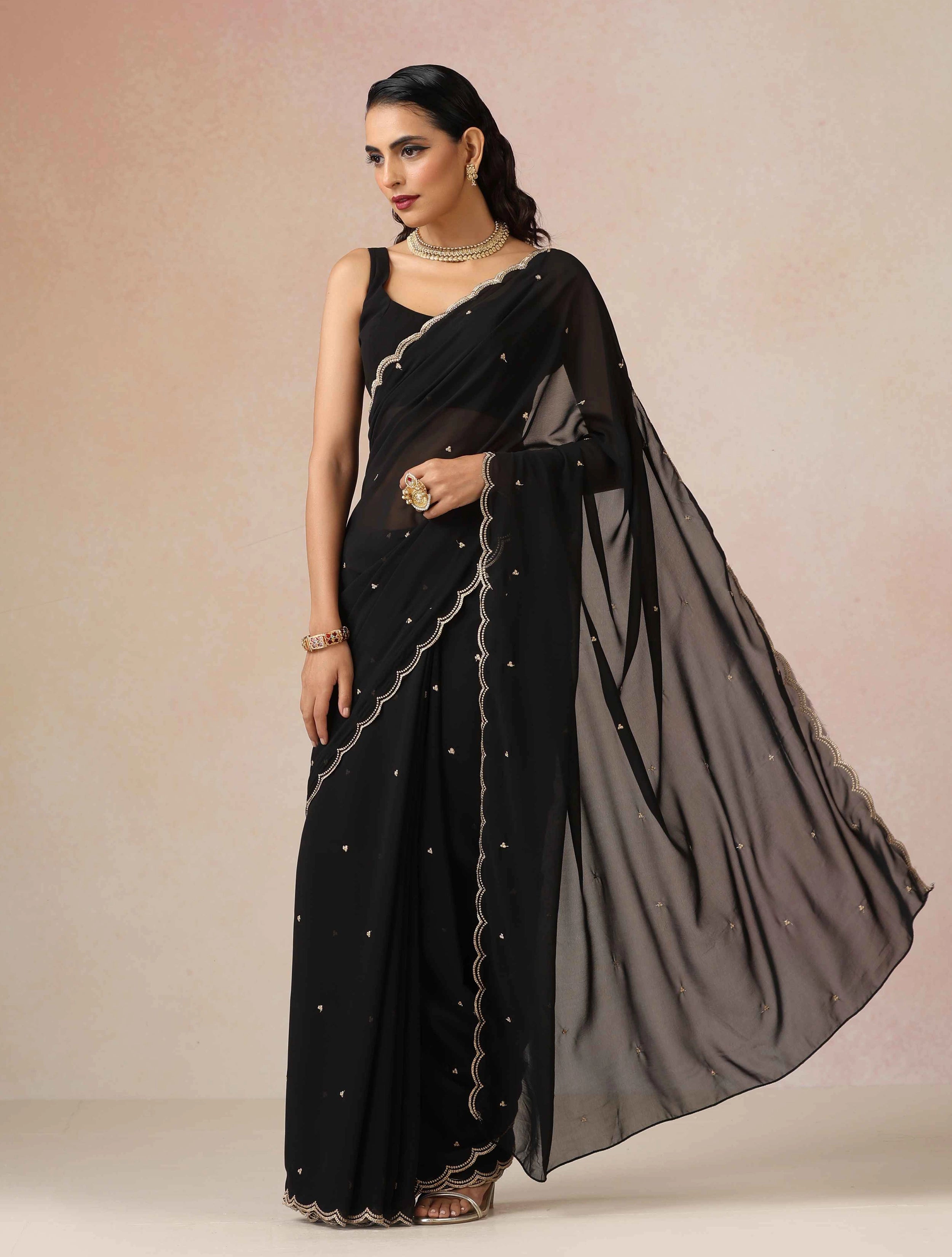 trueBrowns Black Georgette Embroidered Saree With unstitched Blouse