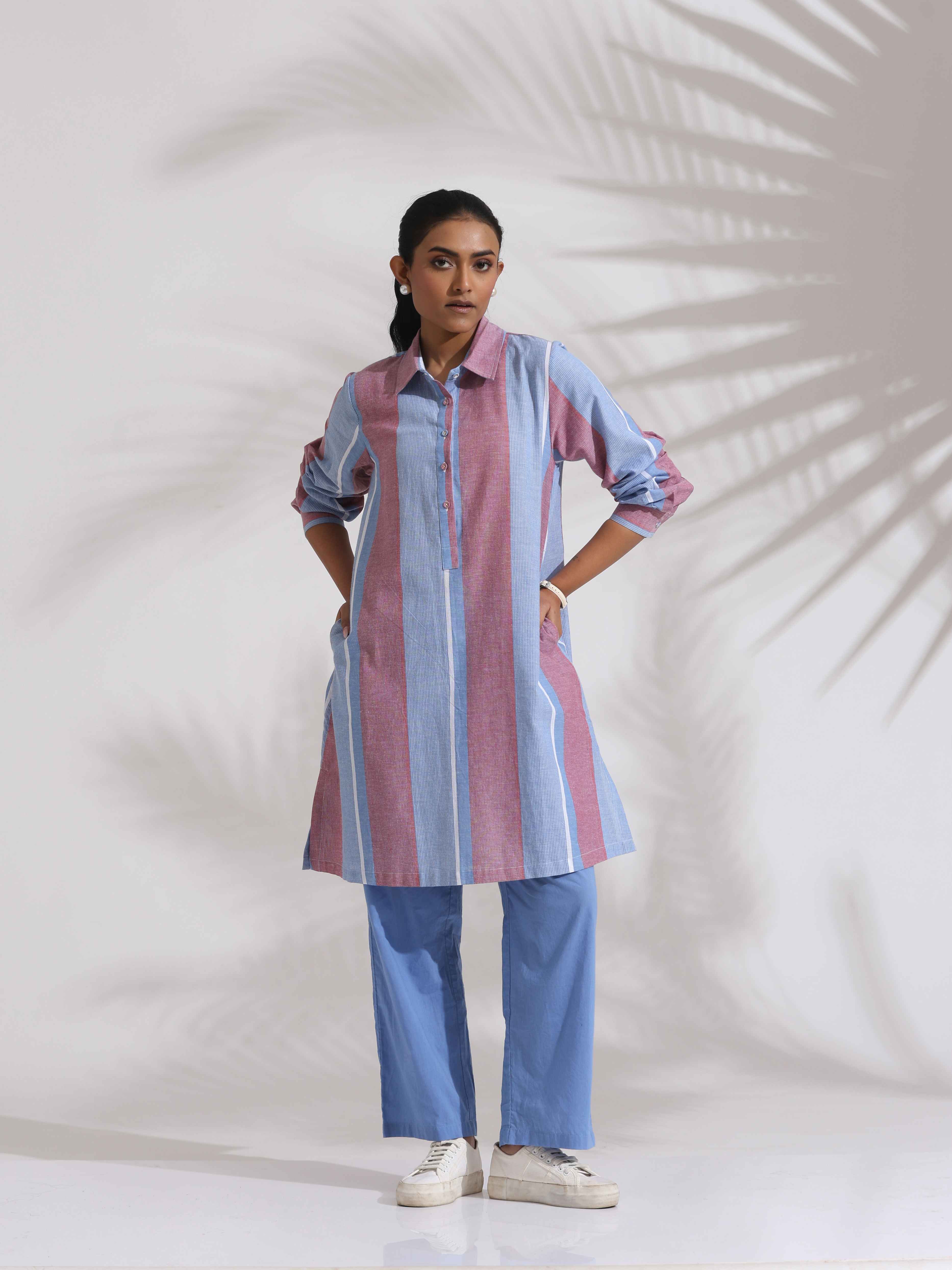 trueBrowns Blue Cotton Stripe Kurta Co-ord Set