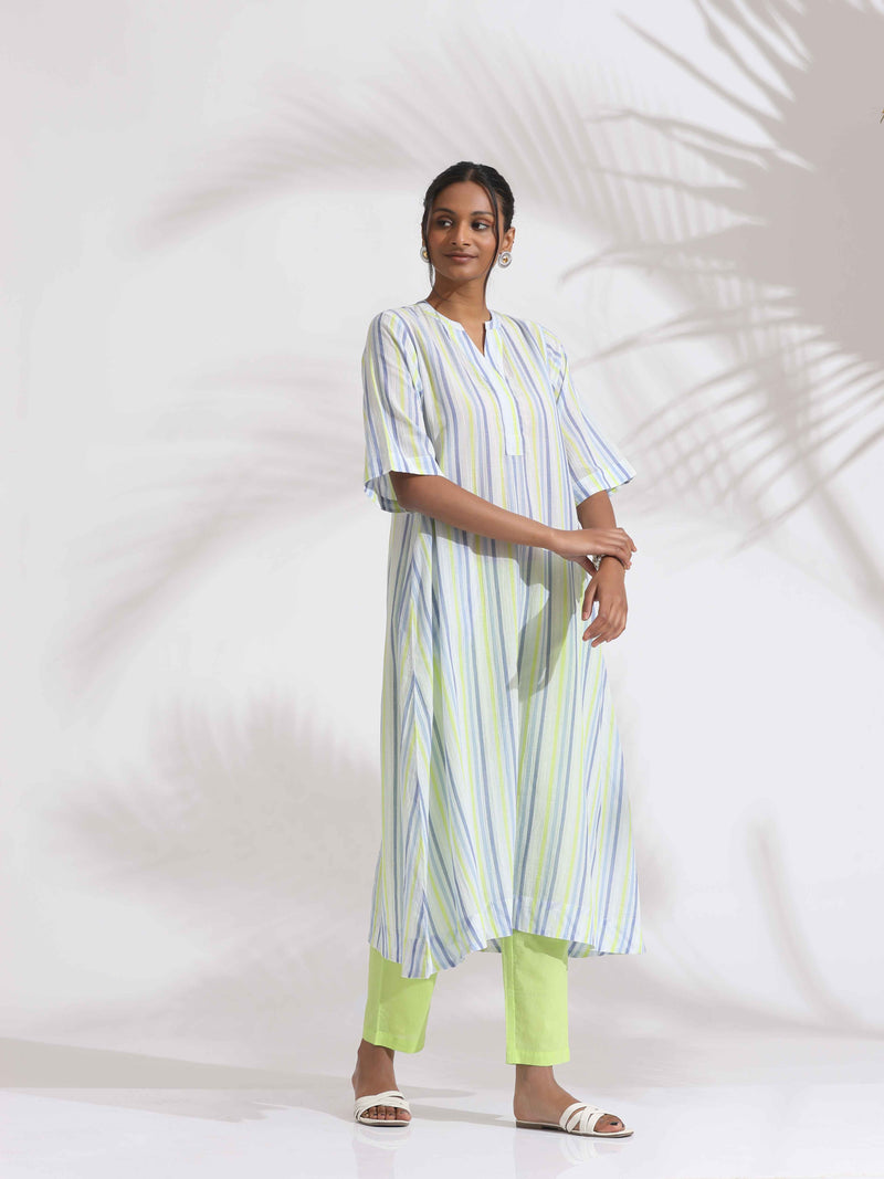 trueBrowns White Cotton Multi Stripe Flared Kurta Set