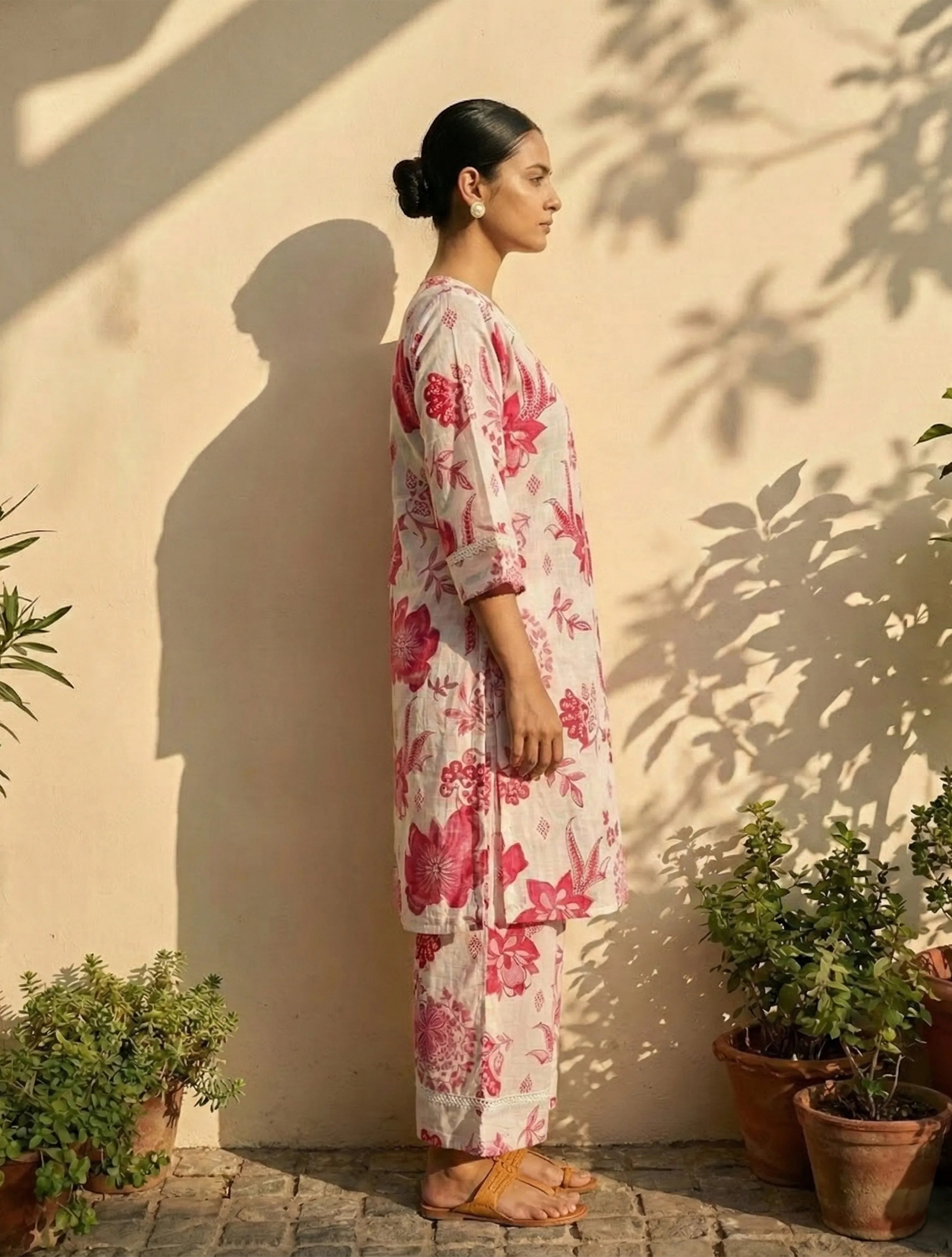 trueBrowns White Pink Floral Print Kurta Pant Set