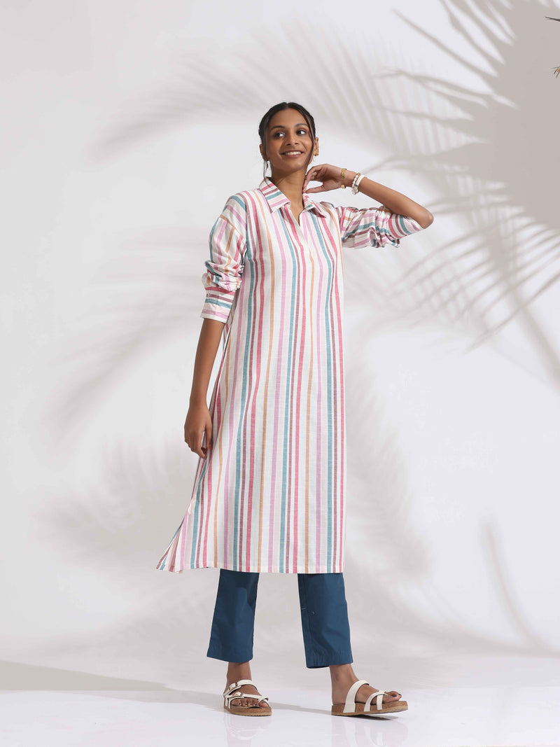 trueBrowns Off-White Cotton Multi Stripe A-line Kurta Set