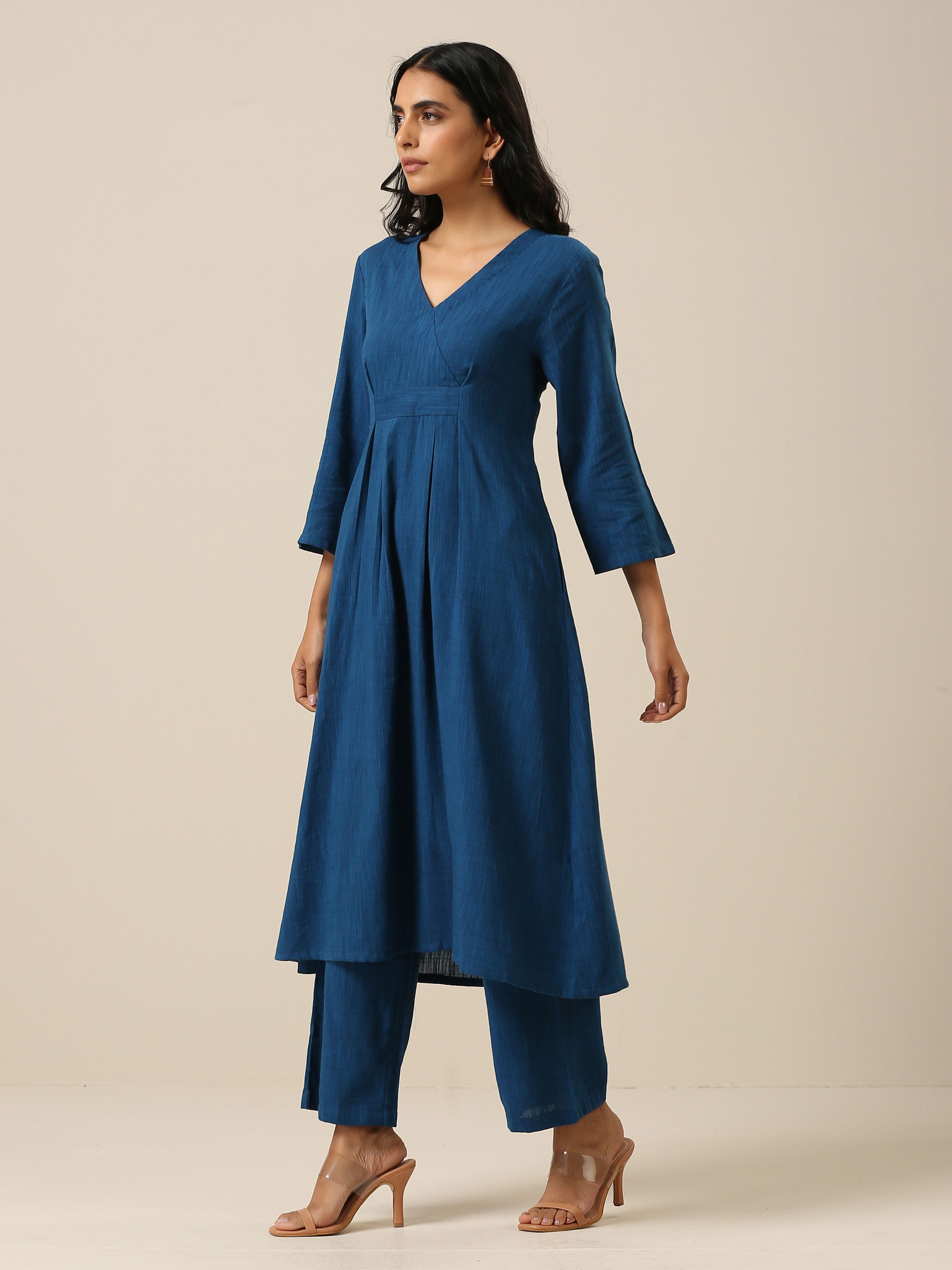 Classic Blue Slub Texture Overlap Pleat Kurta Pant Set