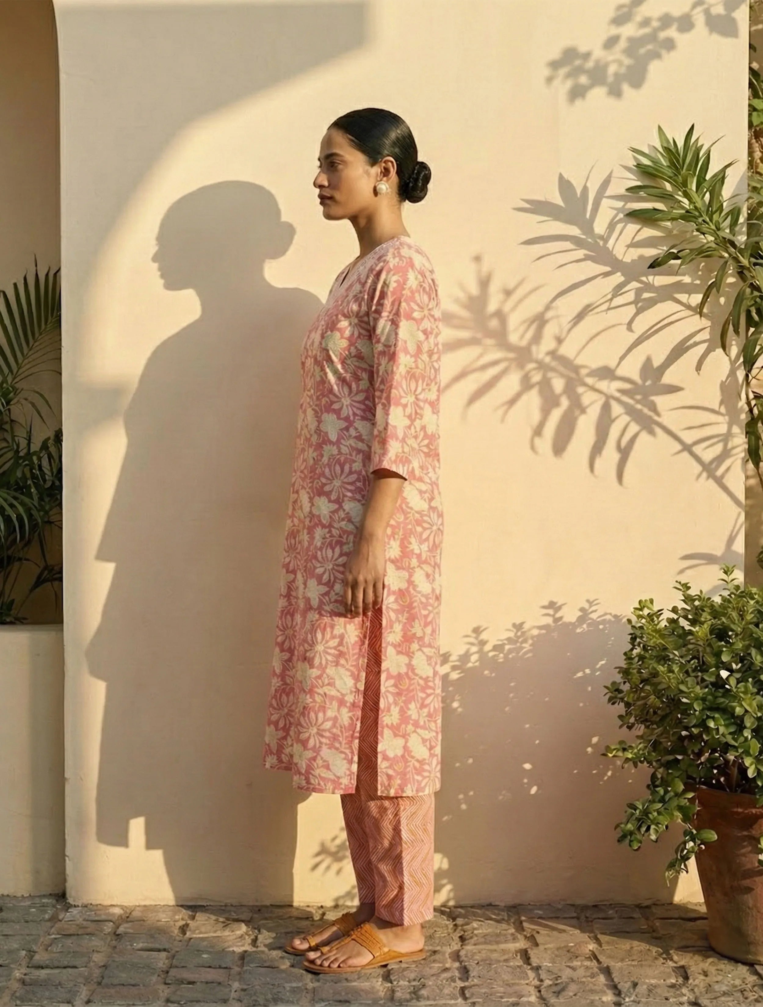 trueBrowns Pink Floral Print Kurta Pant Dupatta Set