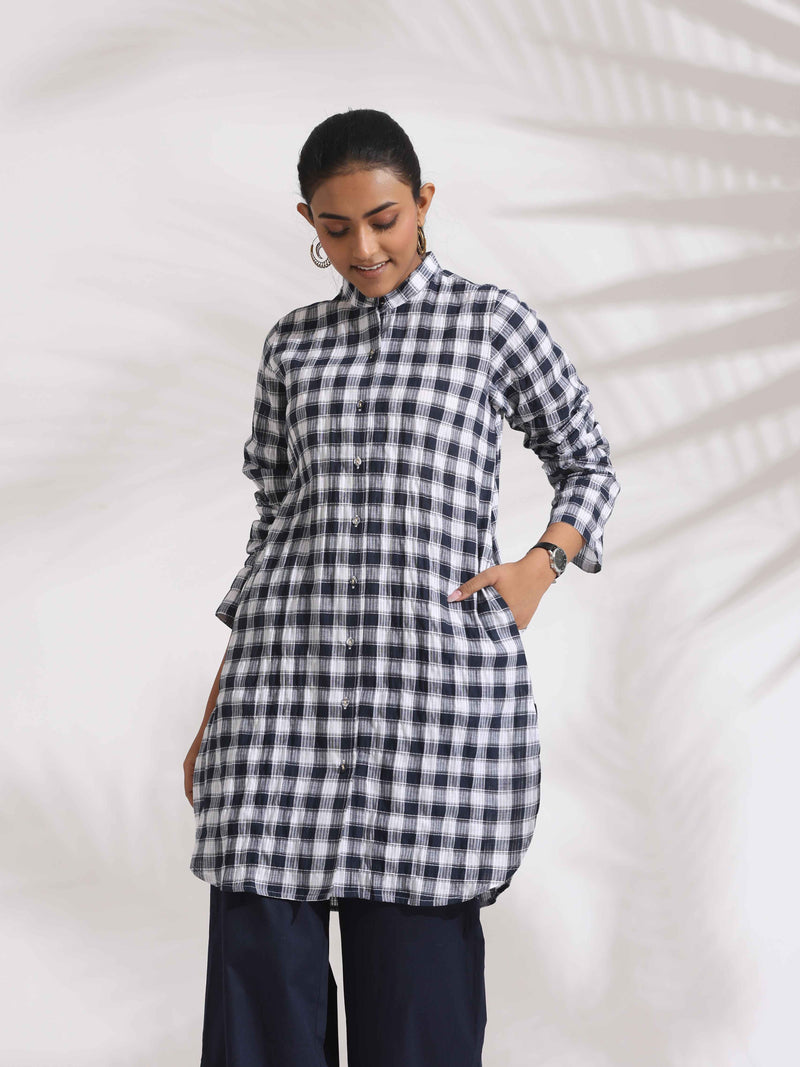 trueBrowns Blue Cotton Check Kurta Co-ord Set