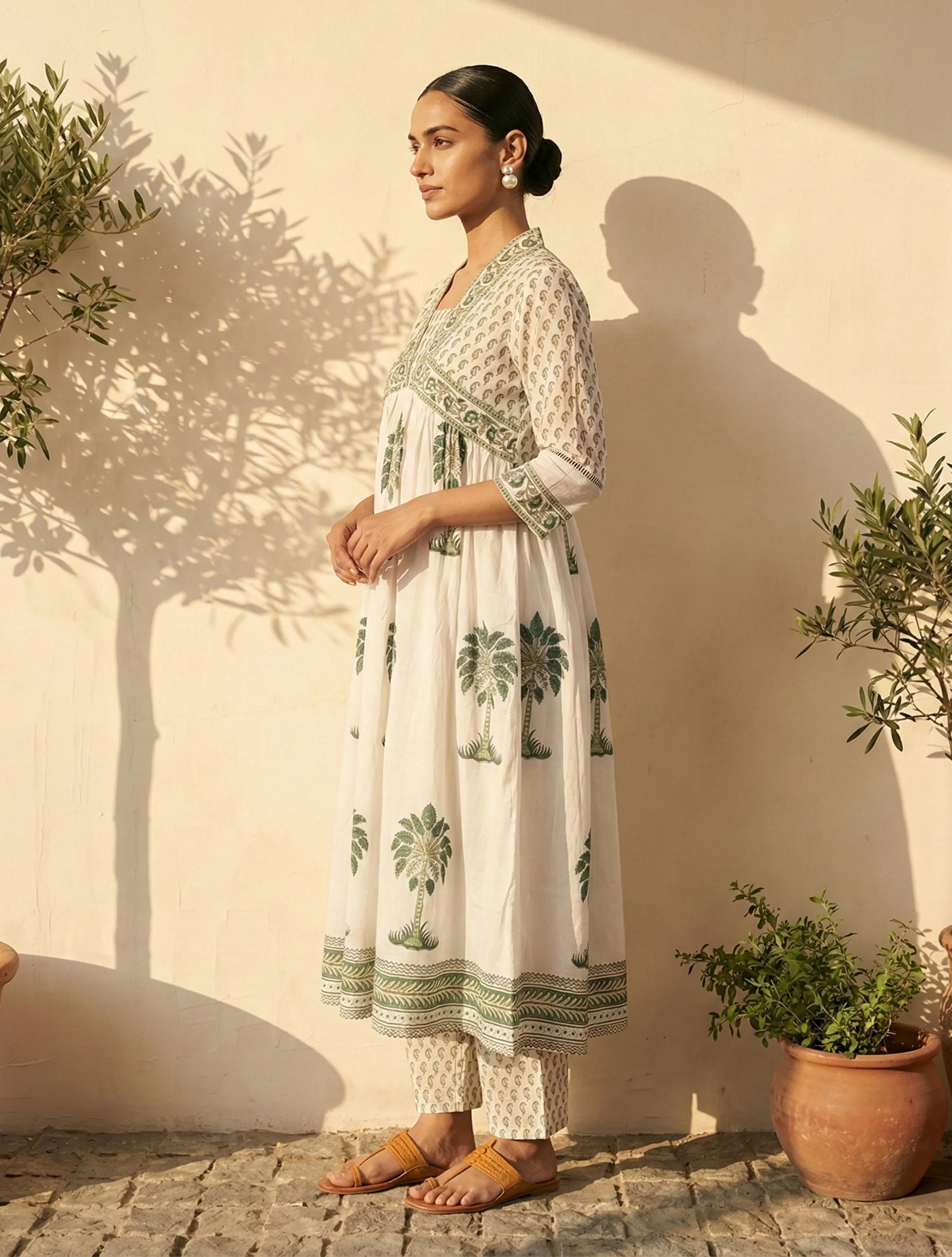 trueBrowns White Green Printed Anarkali Kurta Pant Dupatta Set