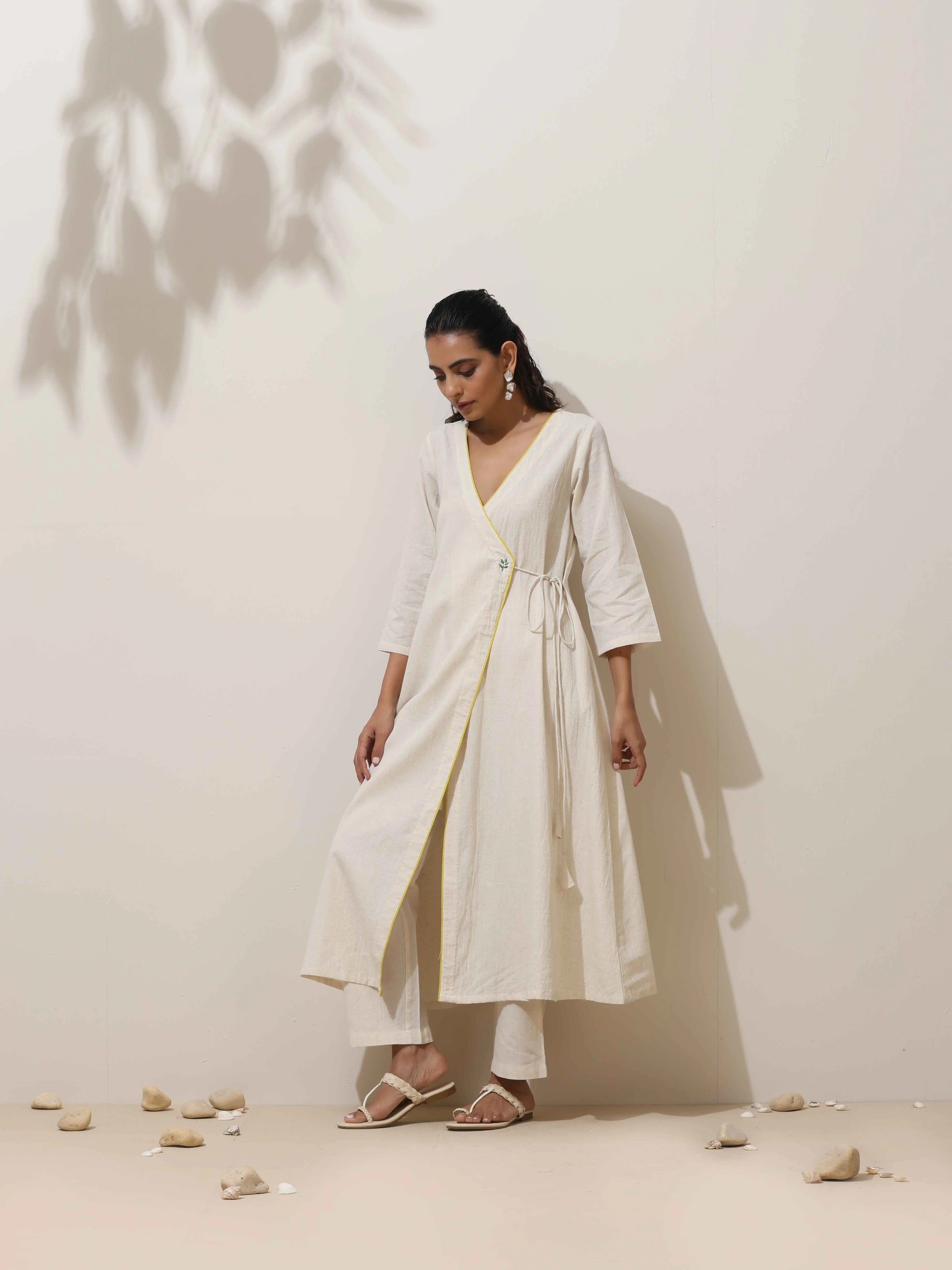 trueBrowns Off White Cotton Linen Angrakha Kurta Pant Set