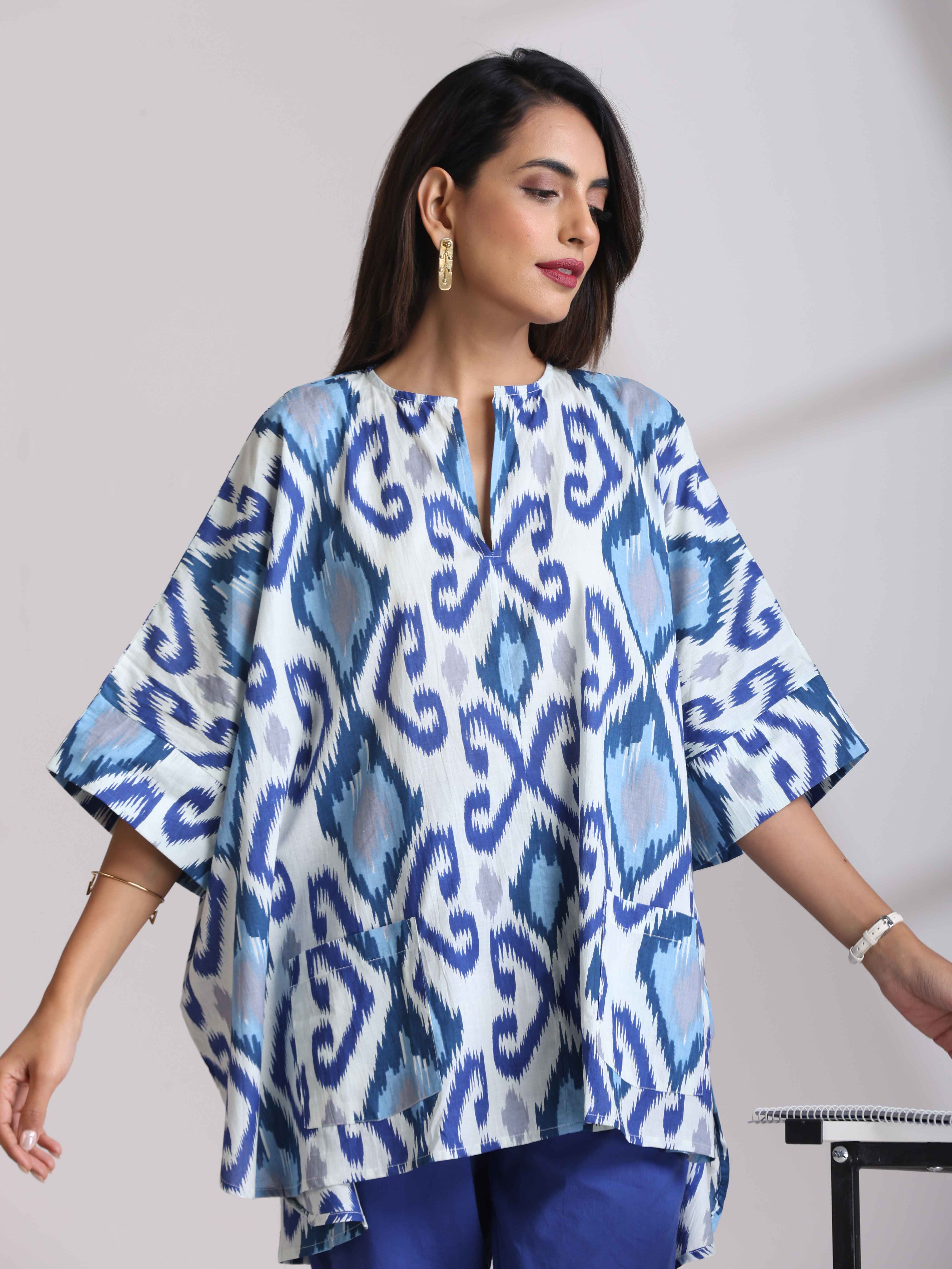 trueBrowns Blue Cotton Ikat Kaftan Co-ord Set