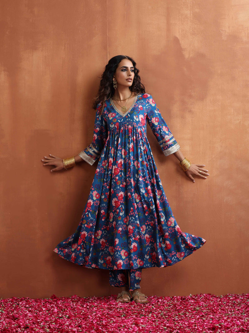 trueBrowns Blue Print Flared Anarkali Kurta Set