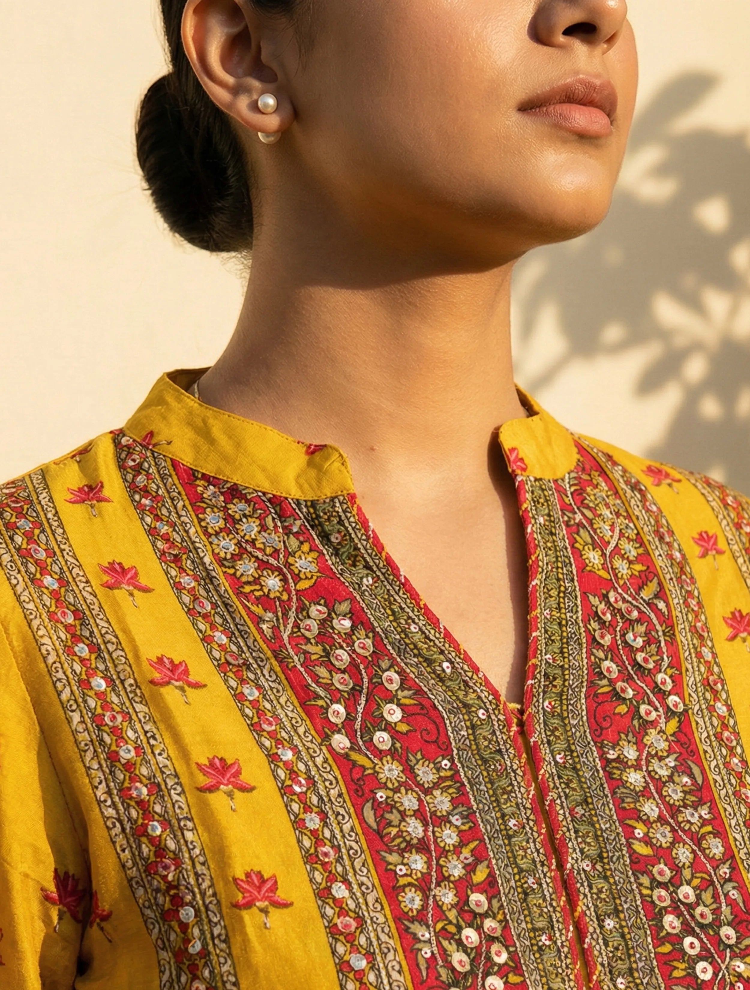 trueBrowns Yellow Floral Print Embroidered Kurta Pant Dupatta Set