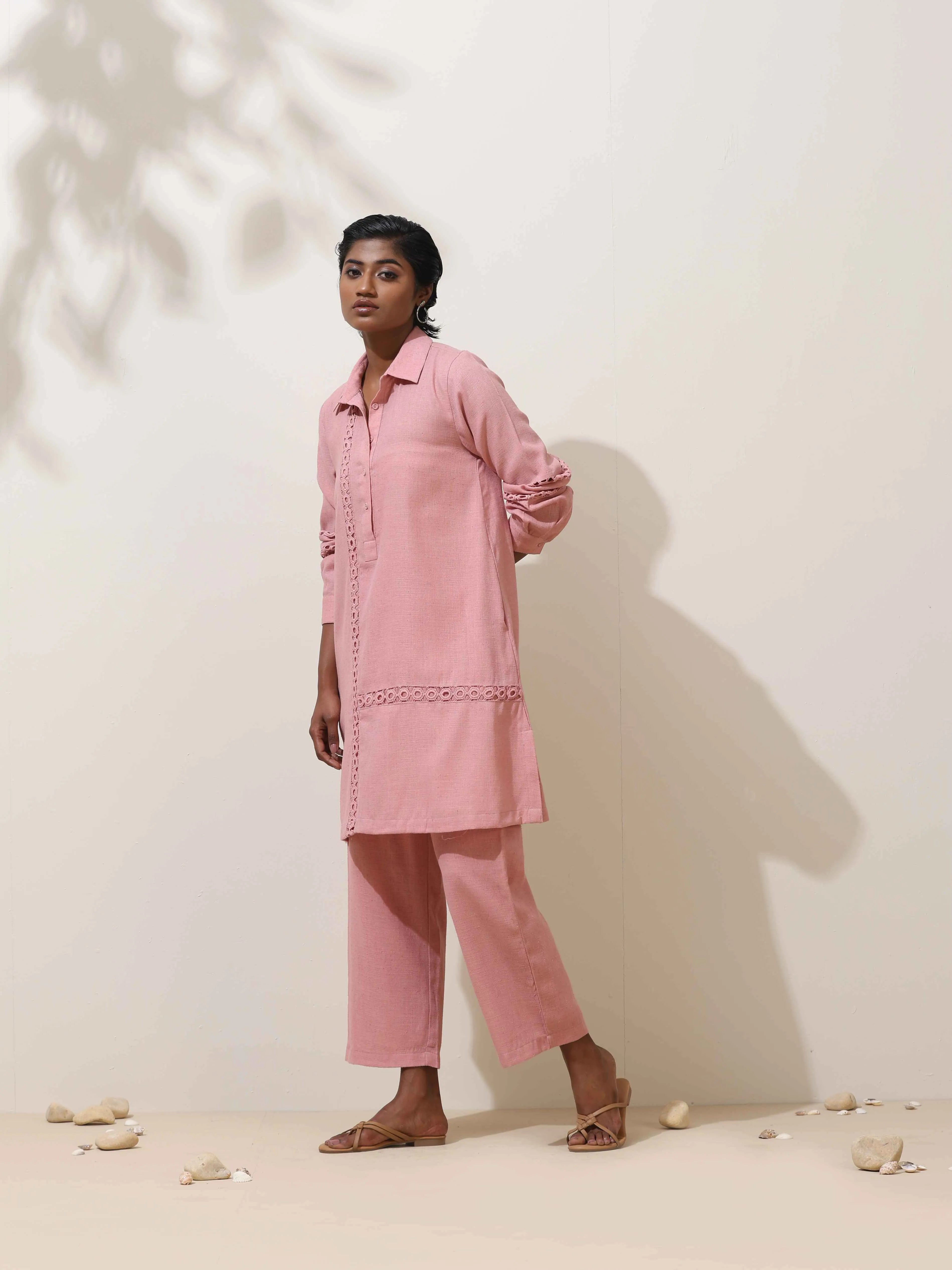trueBrowns Sakura Pink Natural Cotton Kurta Co-ord Set