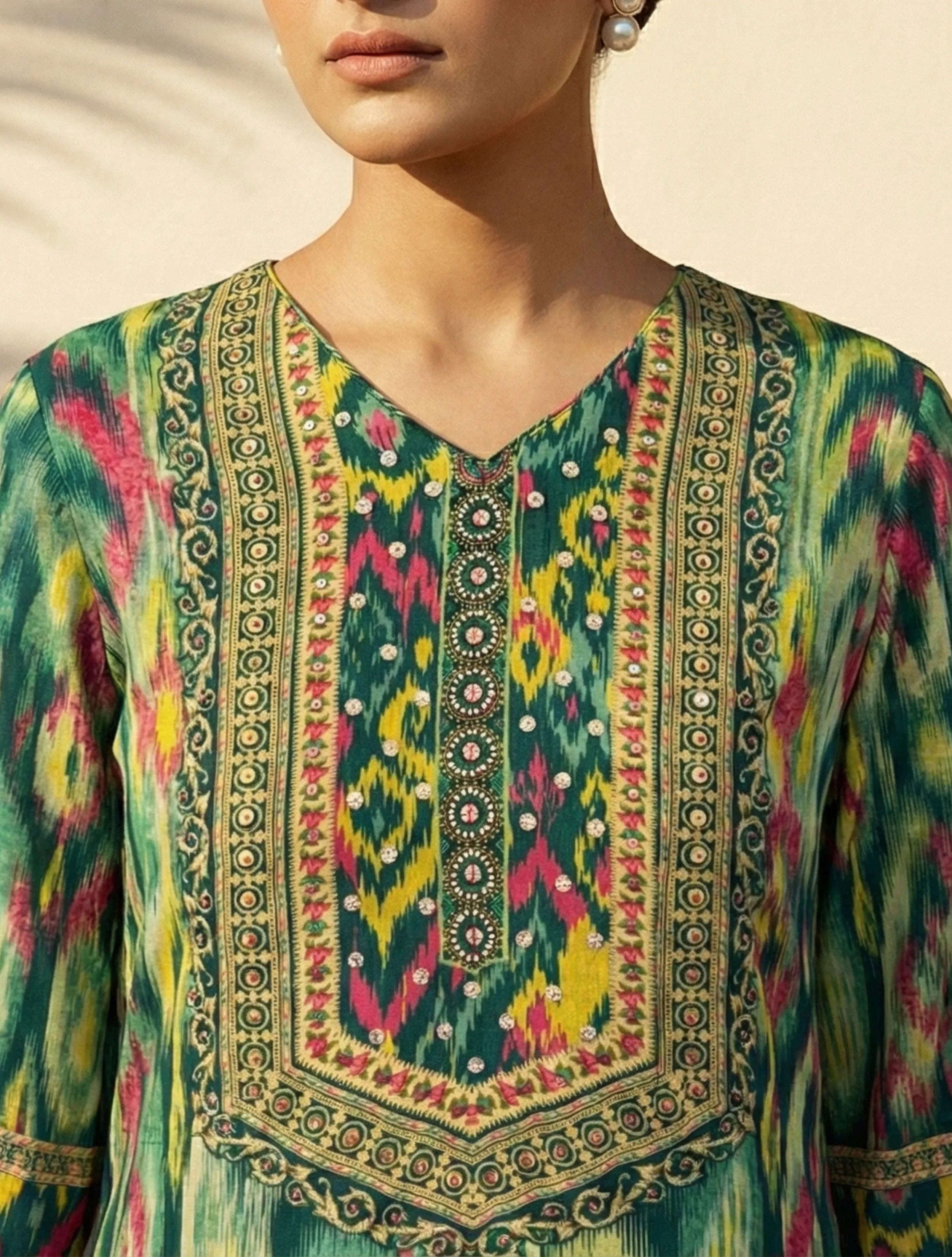 trueBrowns Green Ikat Print Embroidered V-Neck Kurta Pant Dupatta Set