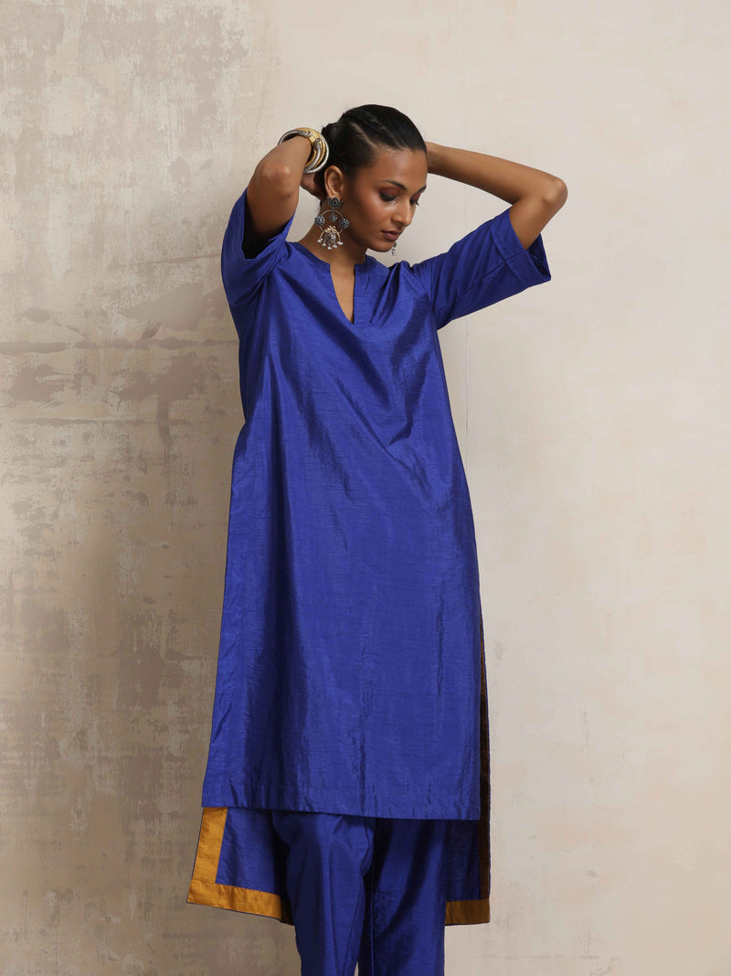 trueBrowns Blue Silk High Slit Kurta Set