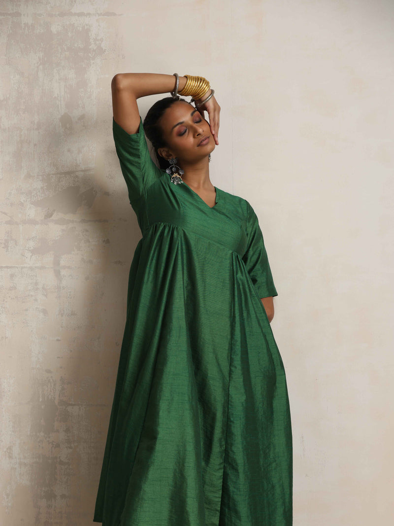 trueBrowns Dark Green Silk Anarkali Flared Kurta Set