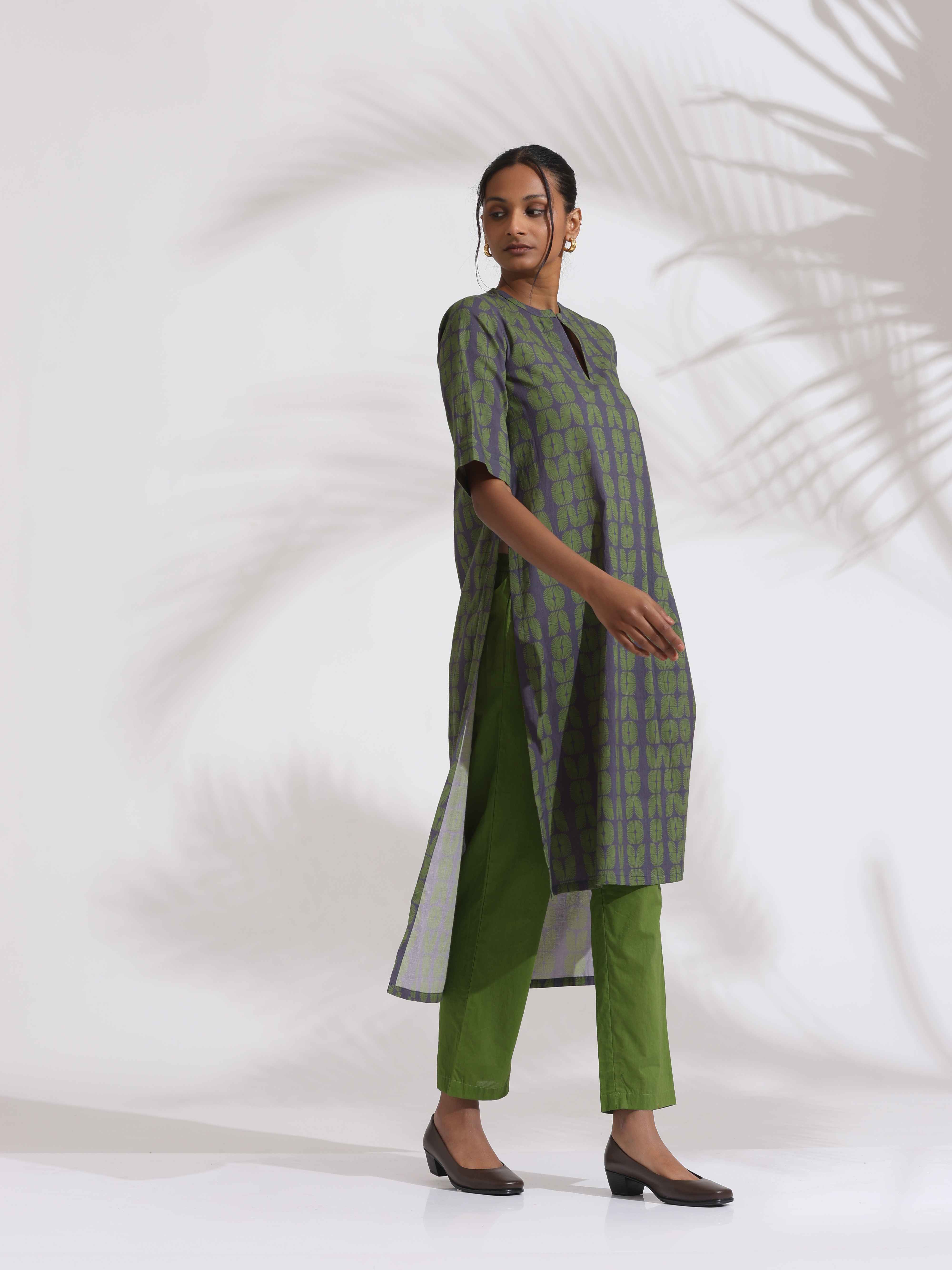 trueBrowns Grey Cotton Print Highlow Kurta Set