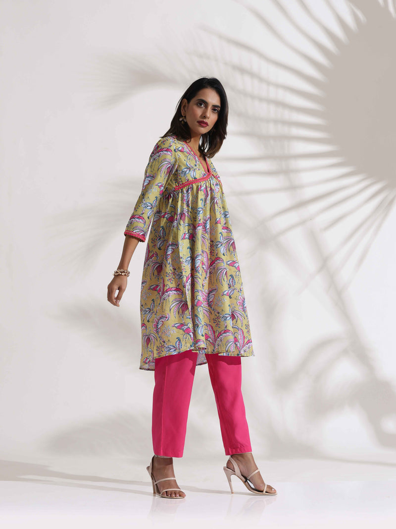 trueBrowns Yellow Print Anarkali Kurta Co-ord Set