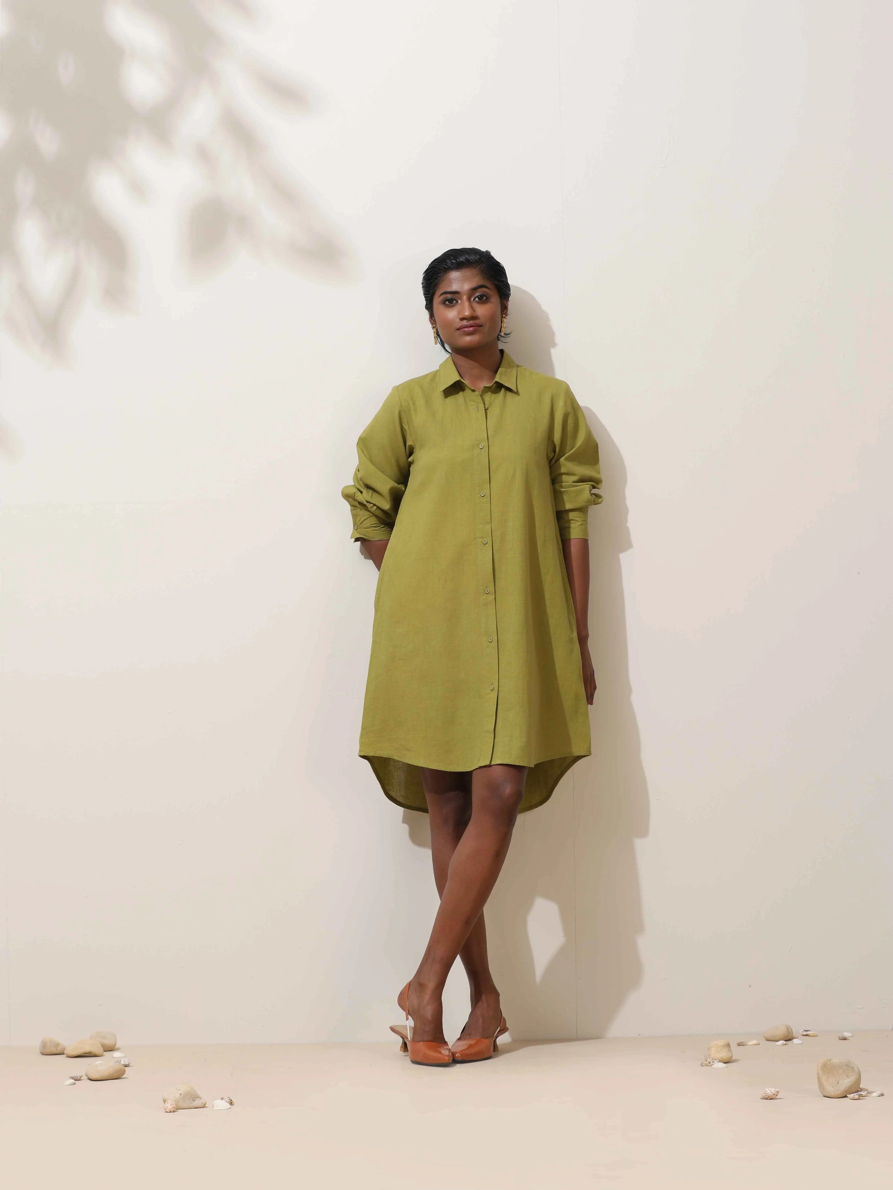 trueBrowns Pear Green Cotton Linen Dress