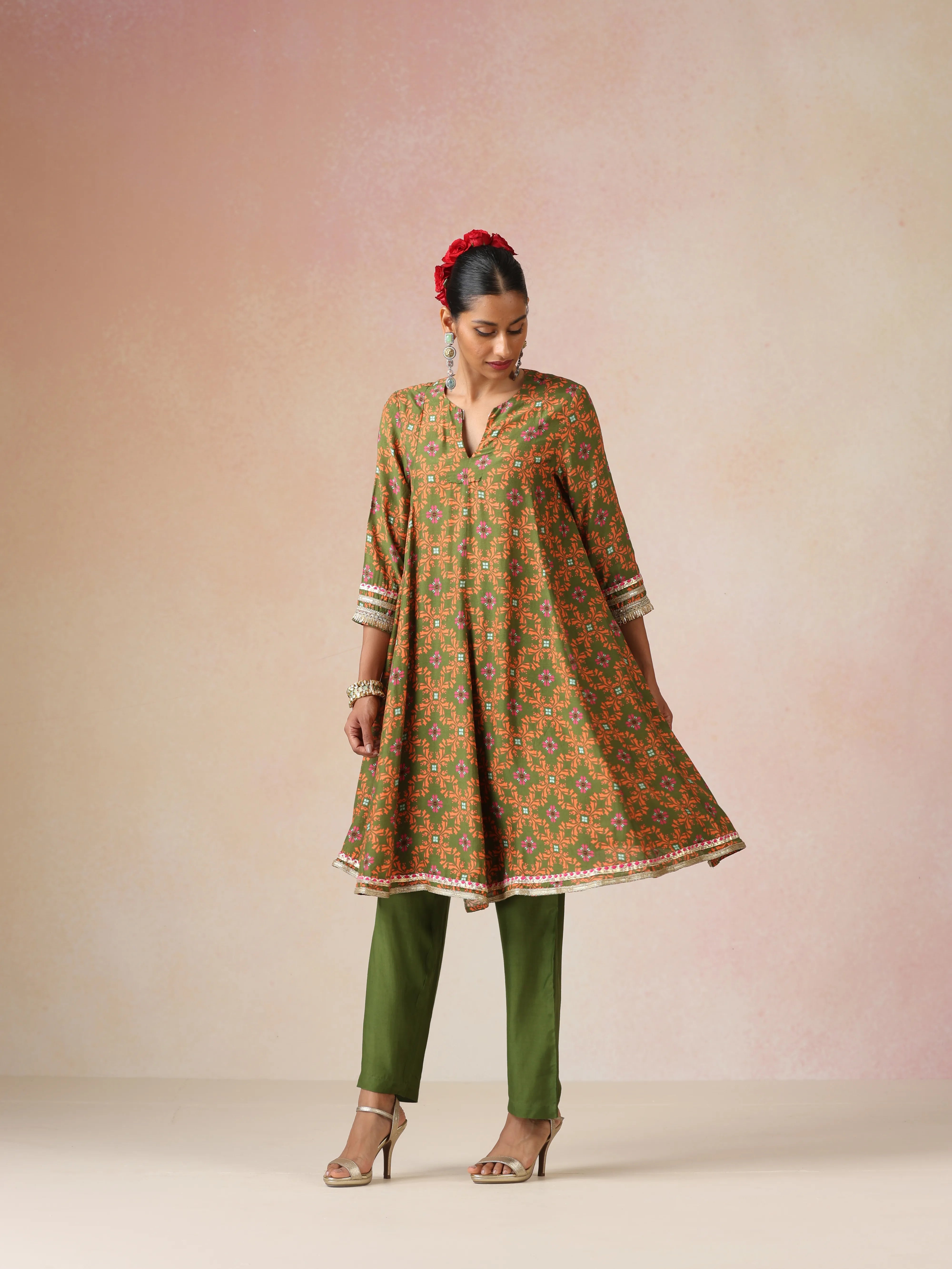 trueBrowns Dark Green Orange Jaal Print Viscose Flared Kurta Co-ord Set