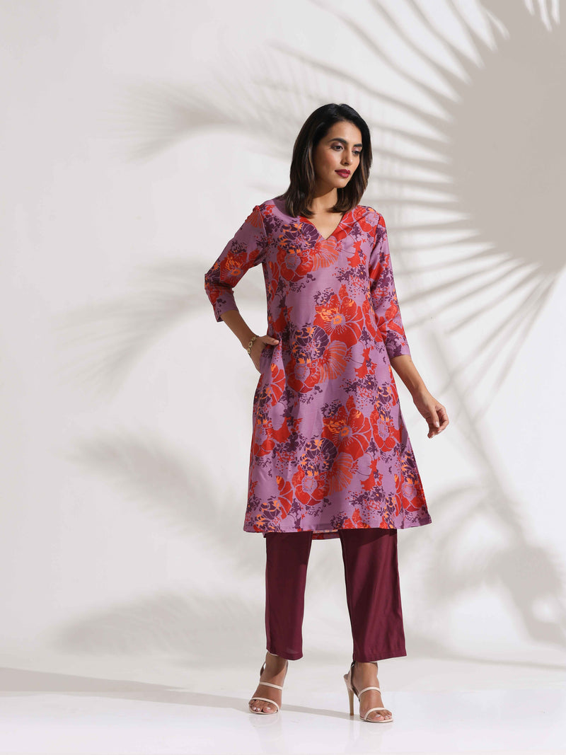 trueBrowns Purple Print Kurta Co-ord Set