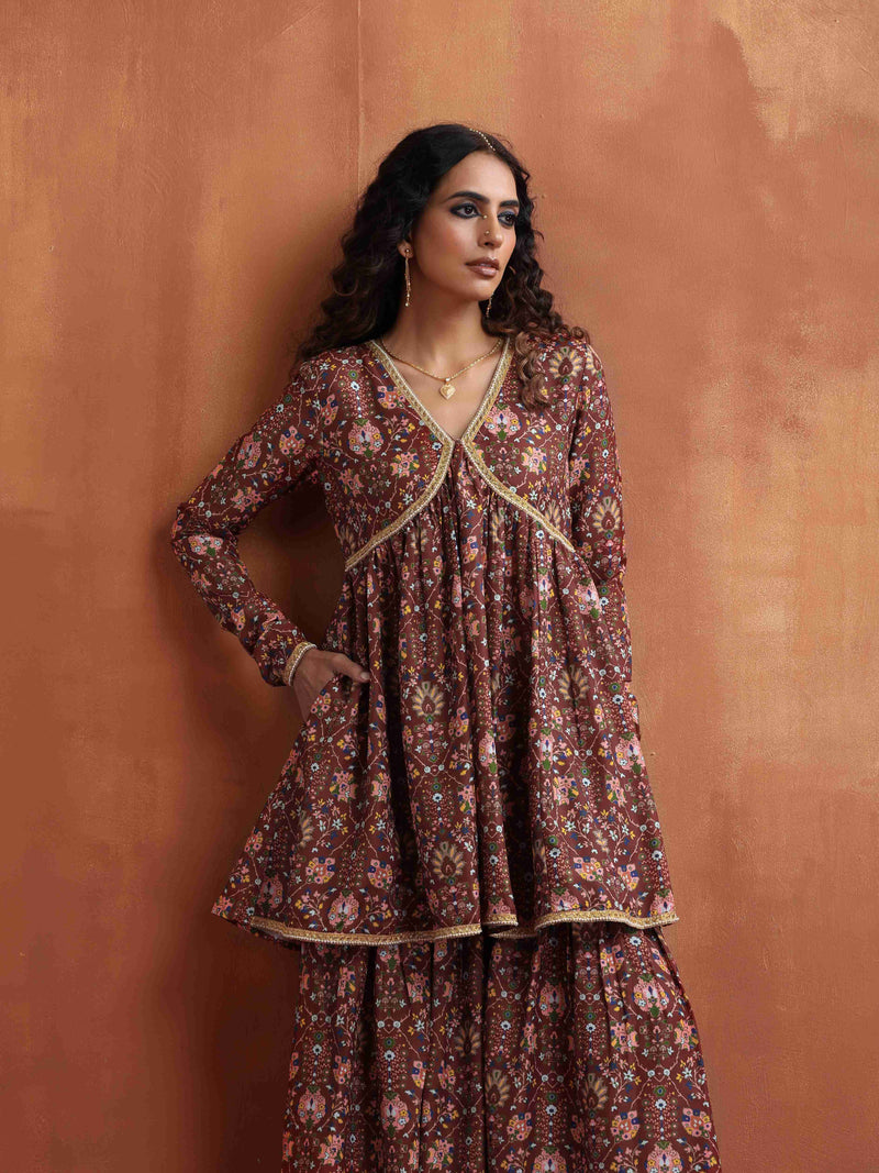 trueBrowns Brown Print Sharara Set