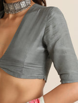 trueBrowns Grey Muslin Solid Deep V-Neck Blouse