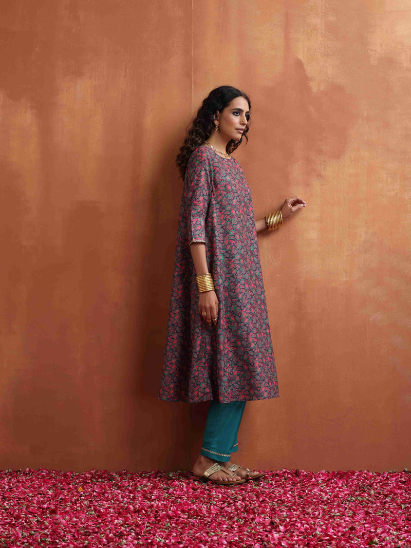 trueBrowns Purple Print A-line Kurta Set