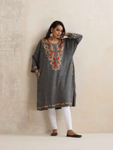 trueBrowns Grey Kashmiri Embroidered Woollen Phiran Kurta