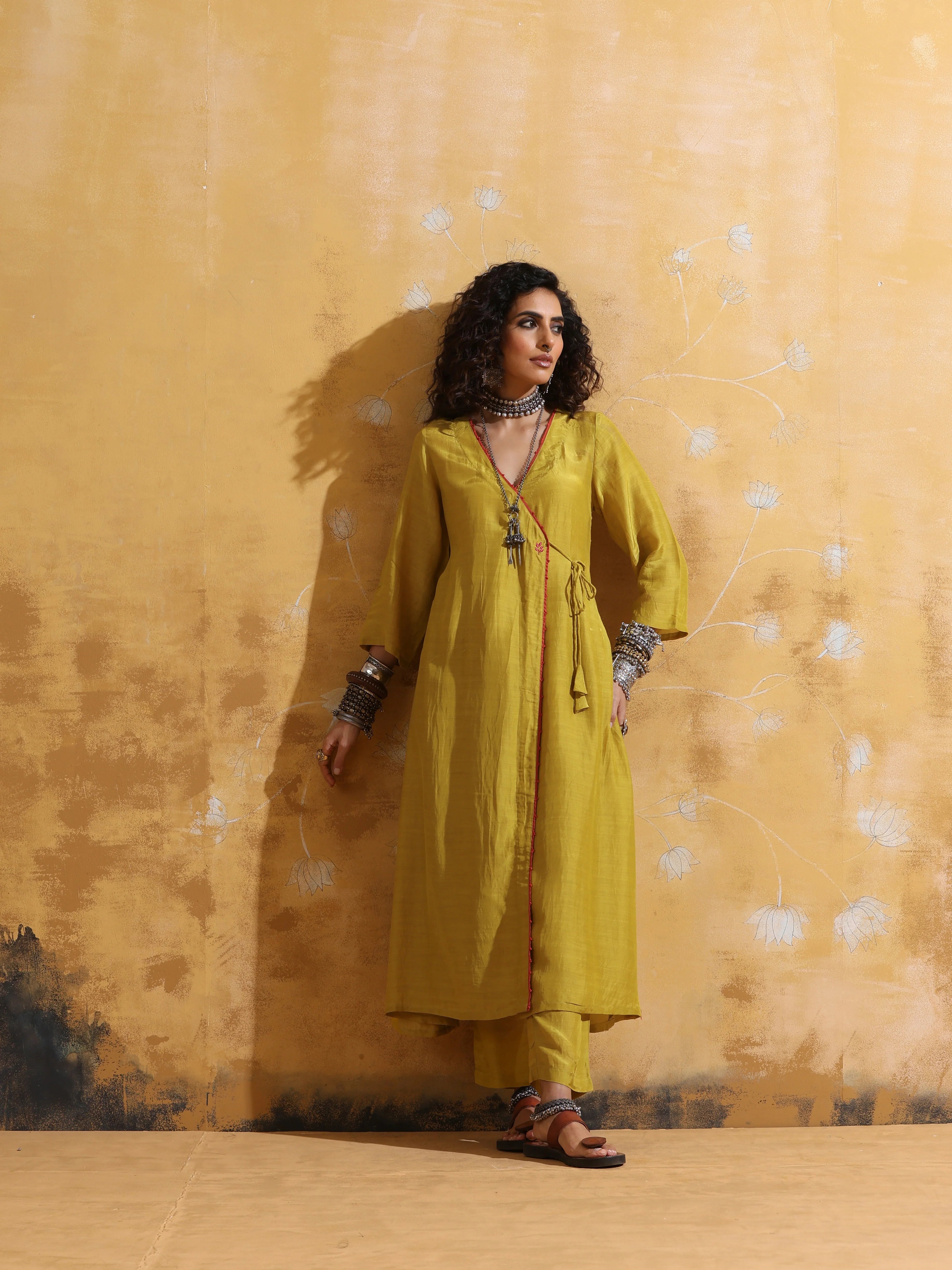 trueBrowns Lime Muslin Silk Angrakha Kurta Pant Set