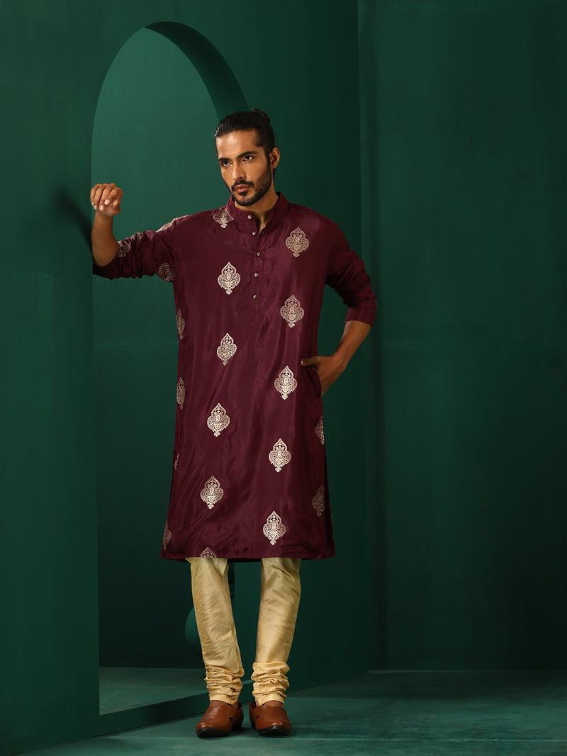 trueBrowns Men's Wine Geometric Viscose Silk Long Kurta
