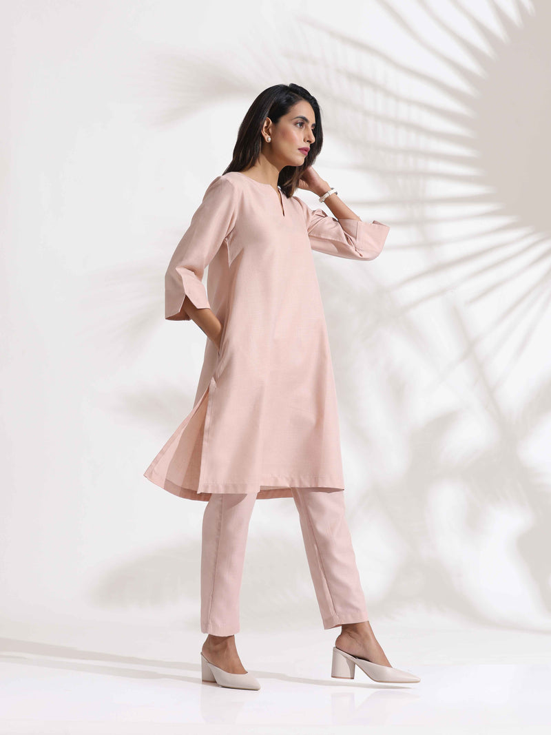 trueBrowns Light Pink Slub Kurta Co-ord Set