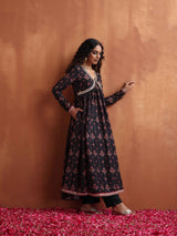 trueBrowns Black Print Flared Anarkali Kurta Set