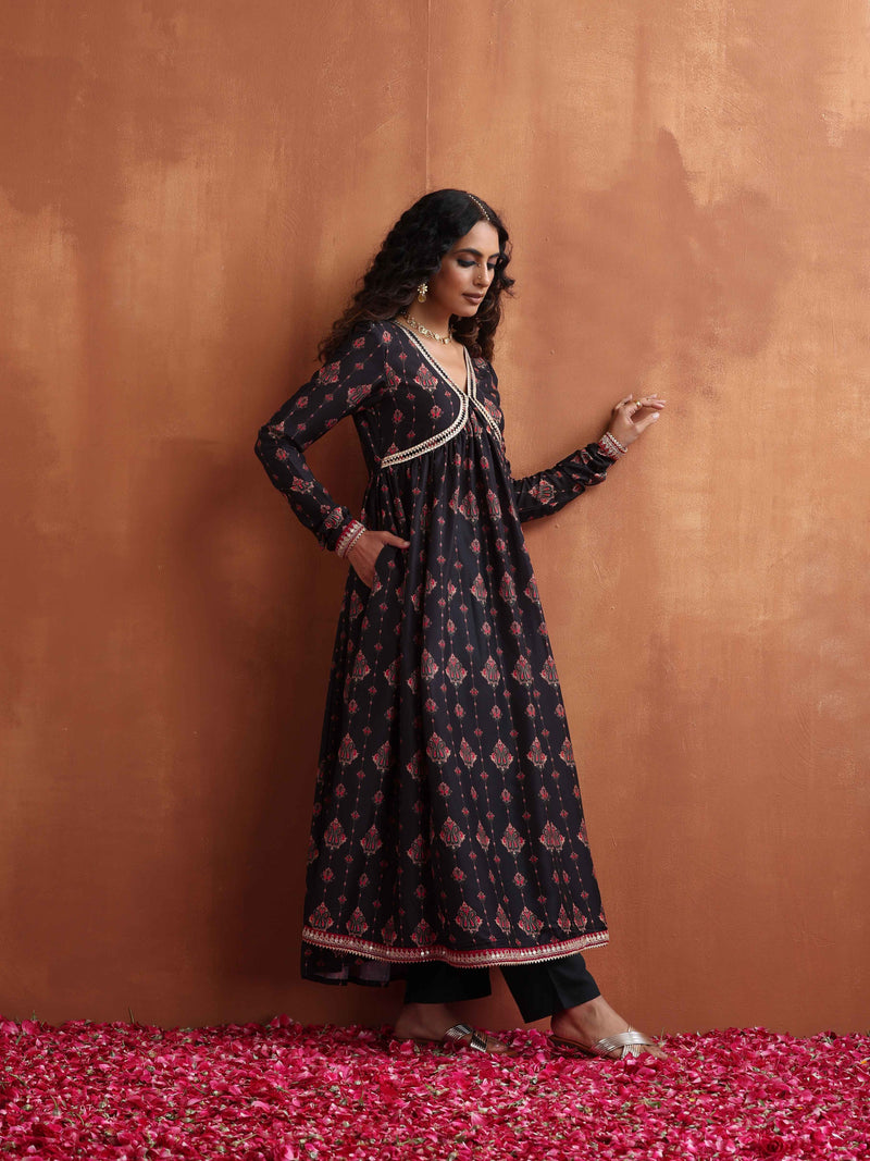 trueBrowns Black Print Flared Anarkali Kurta Set