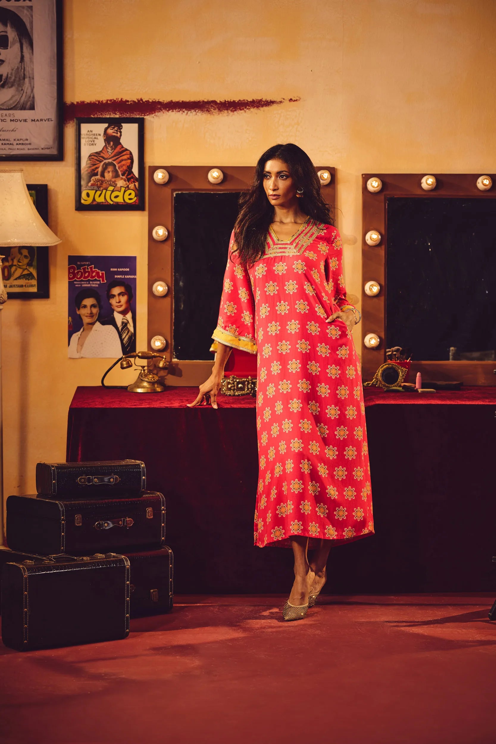 trueBrowns Pink Boota Print Viscose Straight Maxi Dress