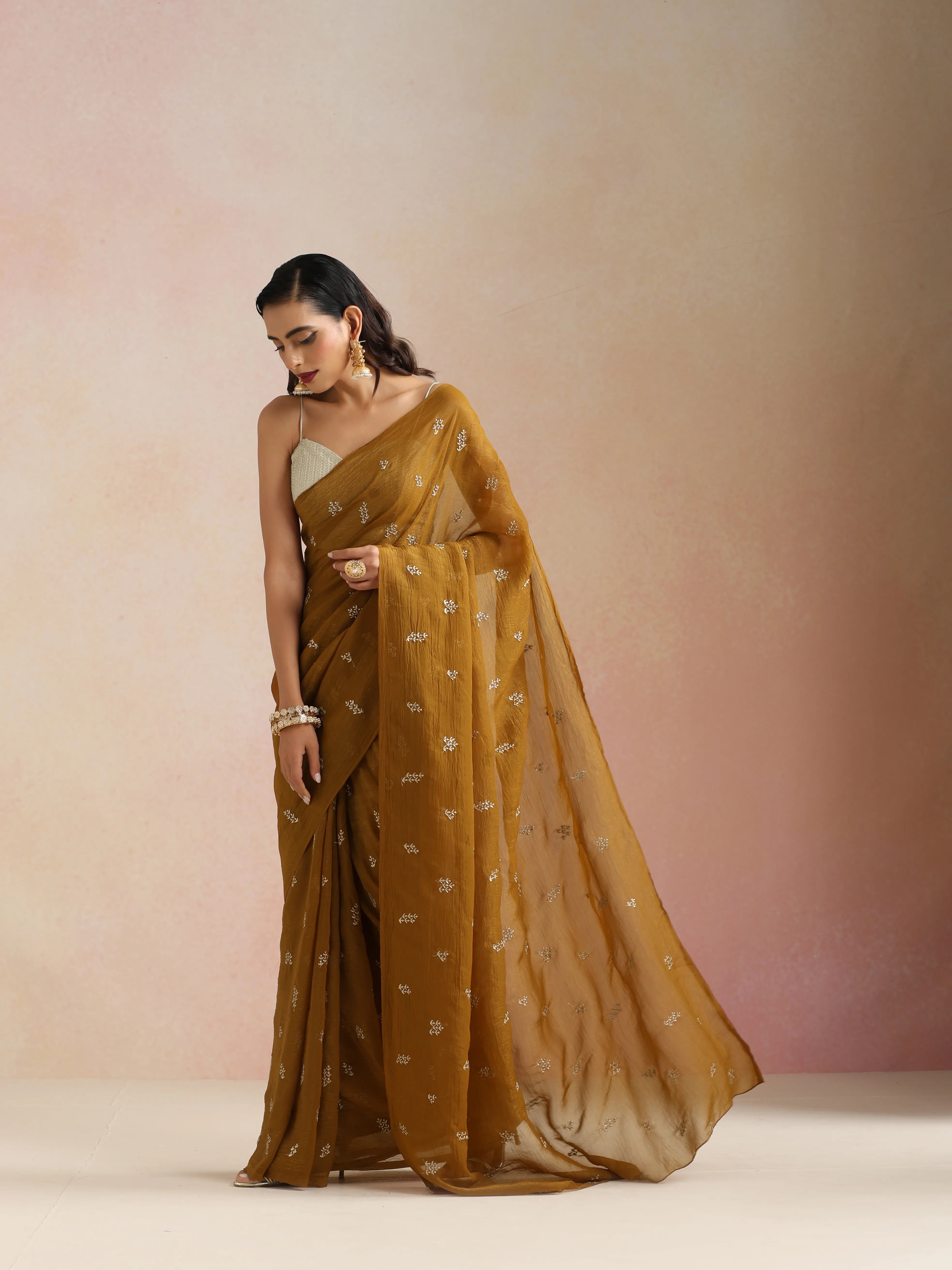 trueBrowns Bronze All Over Embroidered Saree With Unstitched Blouse