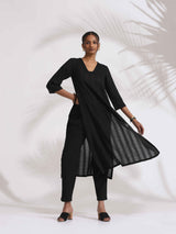 trueBrowns Black Cotton High Slit Kurta Set