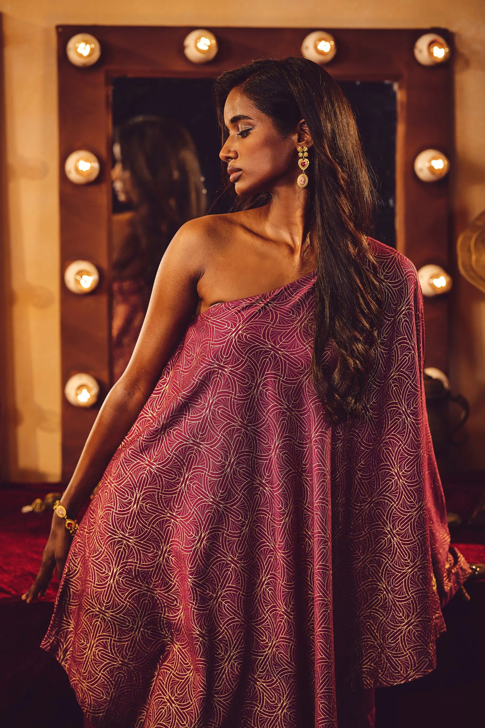 trueBrowns Magenta Gold Foil Print Muslin Silk Asymmetric One-Shoulder Kurta Co-ord Set