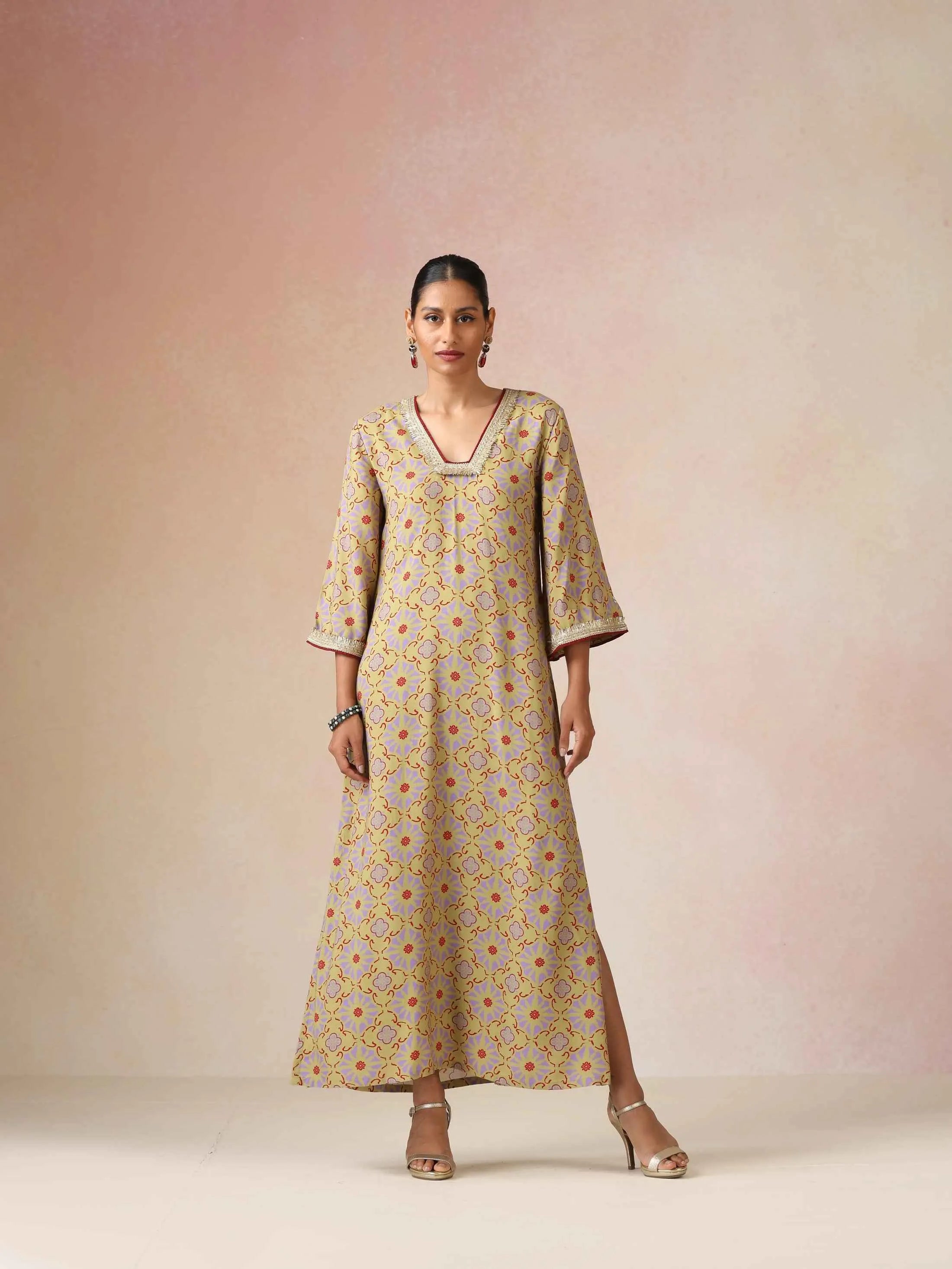 trueBrowns Light Green Lilac Print Viscose Straight Maxi Dress