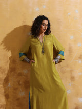 trueBrowns Lime Muslin Silk Straight Maxi Dress