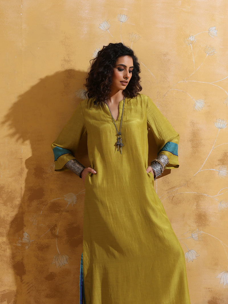 trueBrowns Lime Muslin Silk Straight Maxi Dress