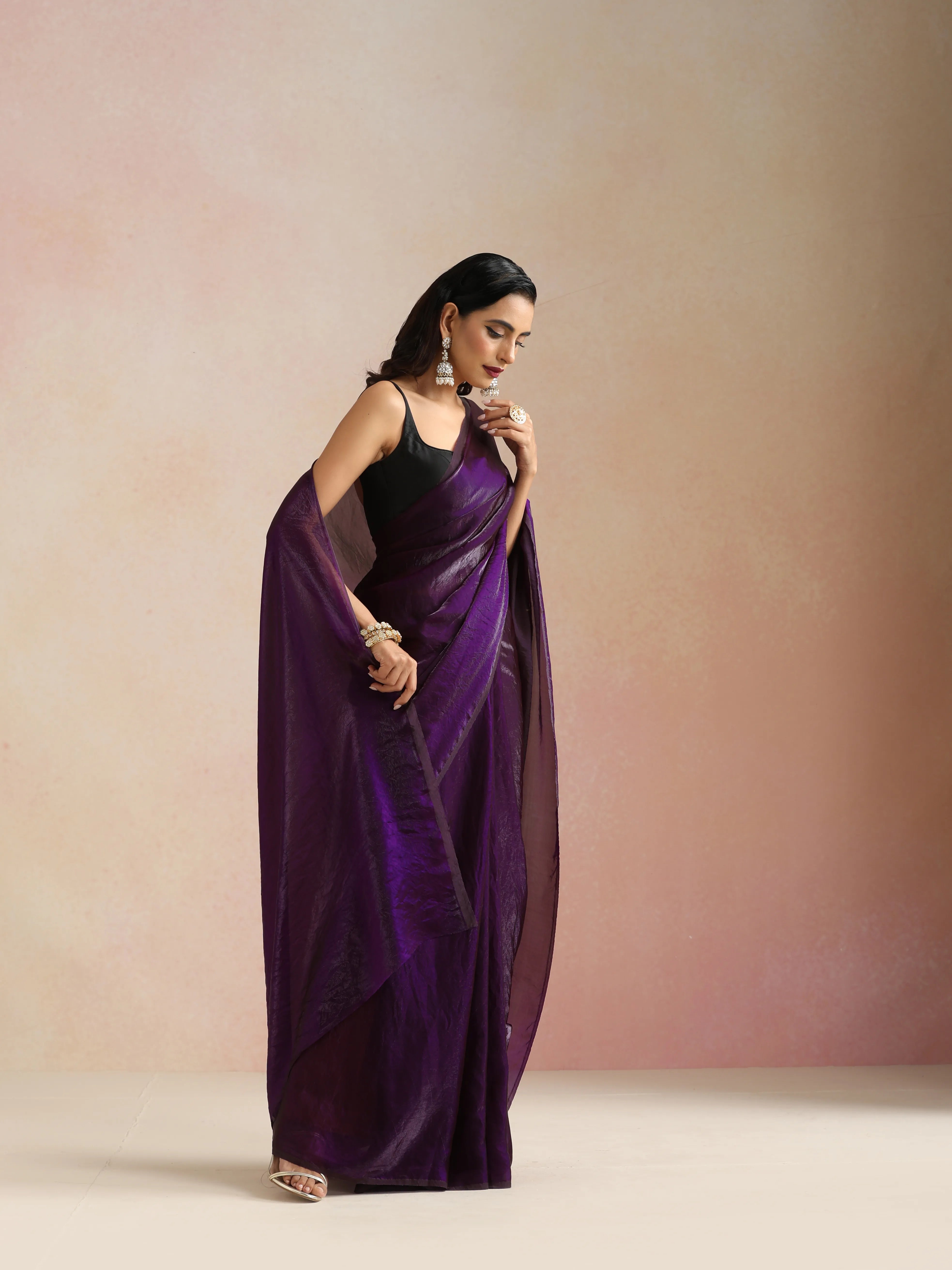trueBrowns Purple Tissue Saree With Unstitched Blouse