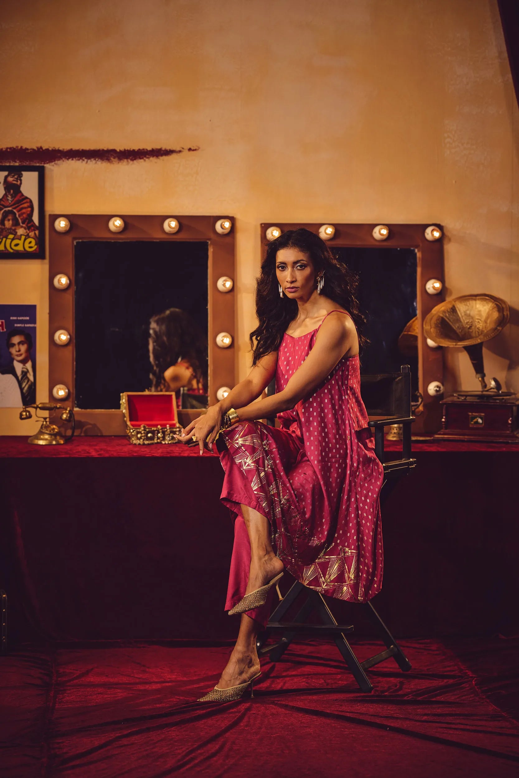 trueBrowns Pink Gold Foil Print Muslin Silk Flared Kurta Set