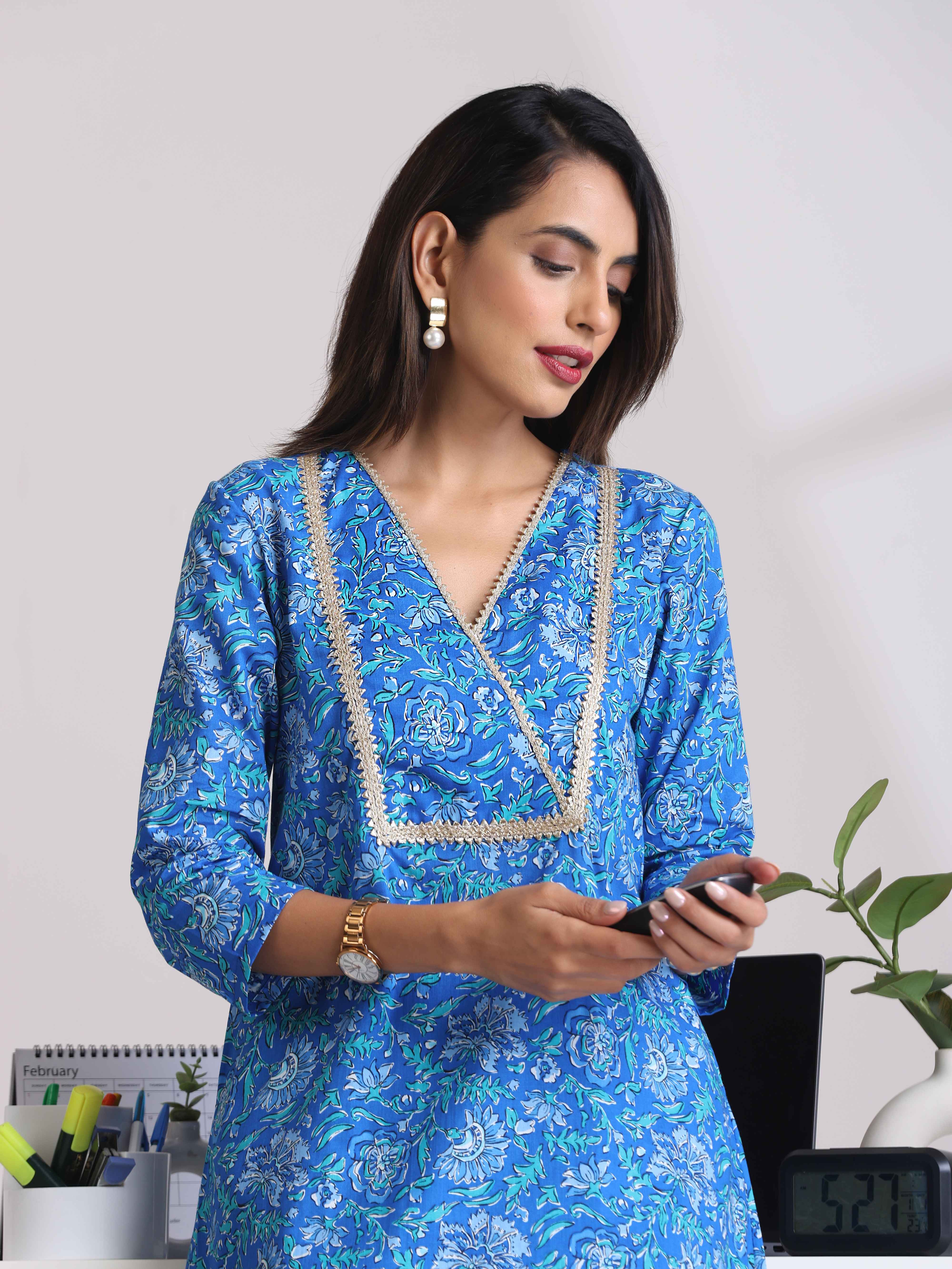 trueBrowns Blue Print Straight Kurta Set