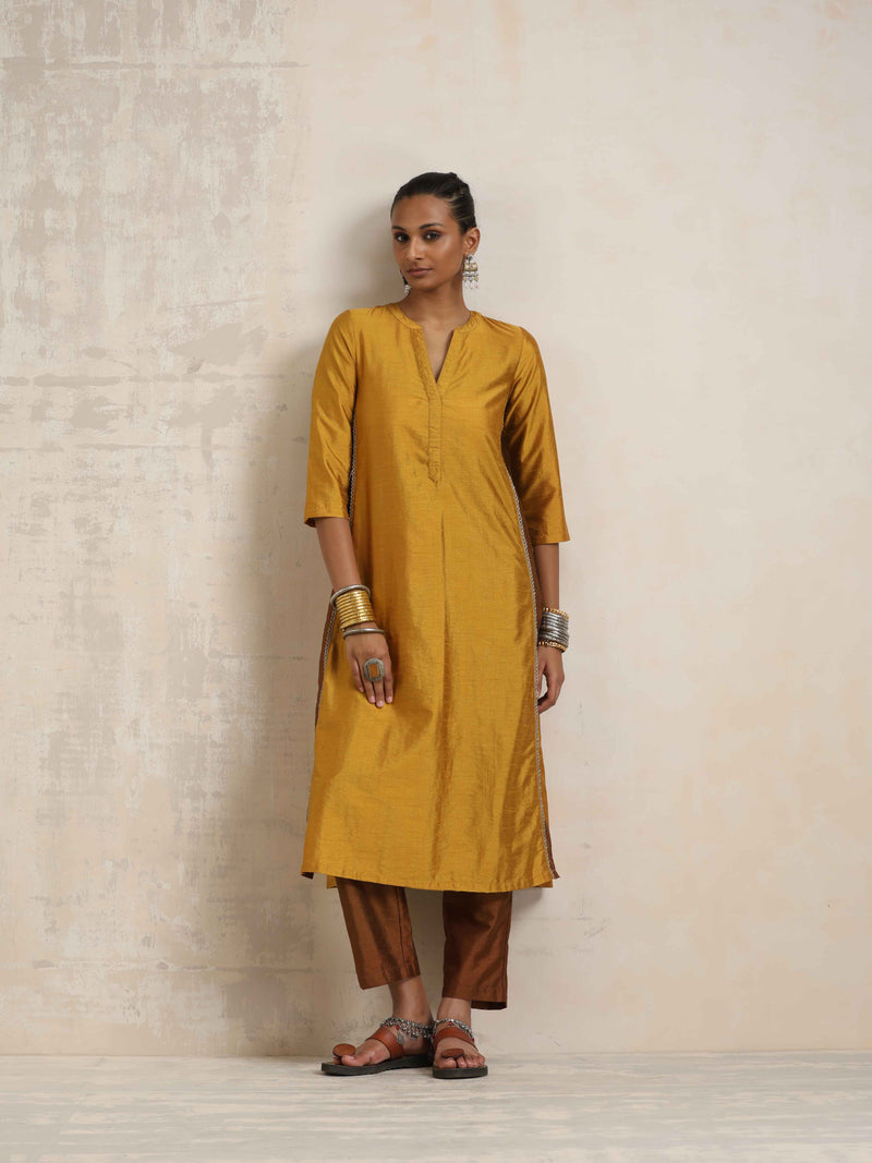 trueBrowns Gold Silk Straight Kurta Set
