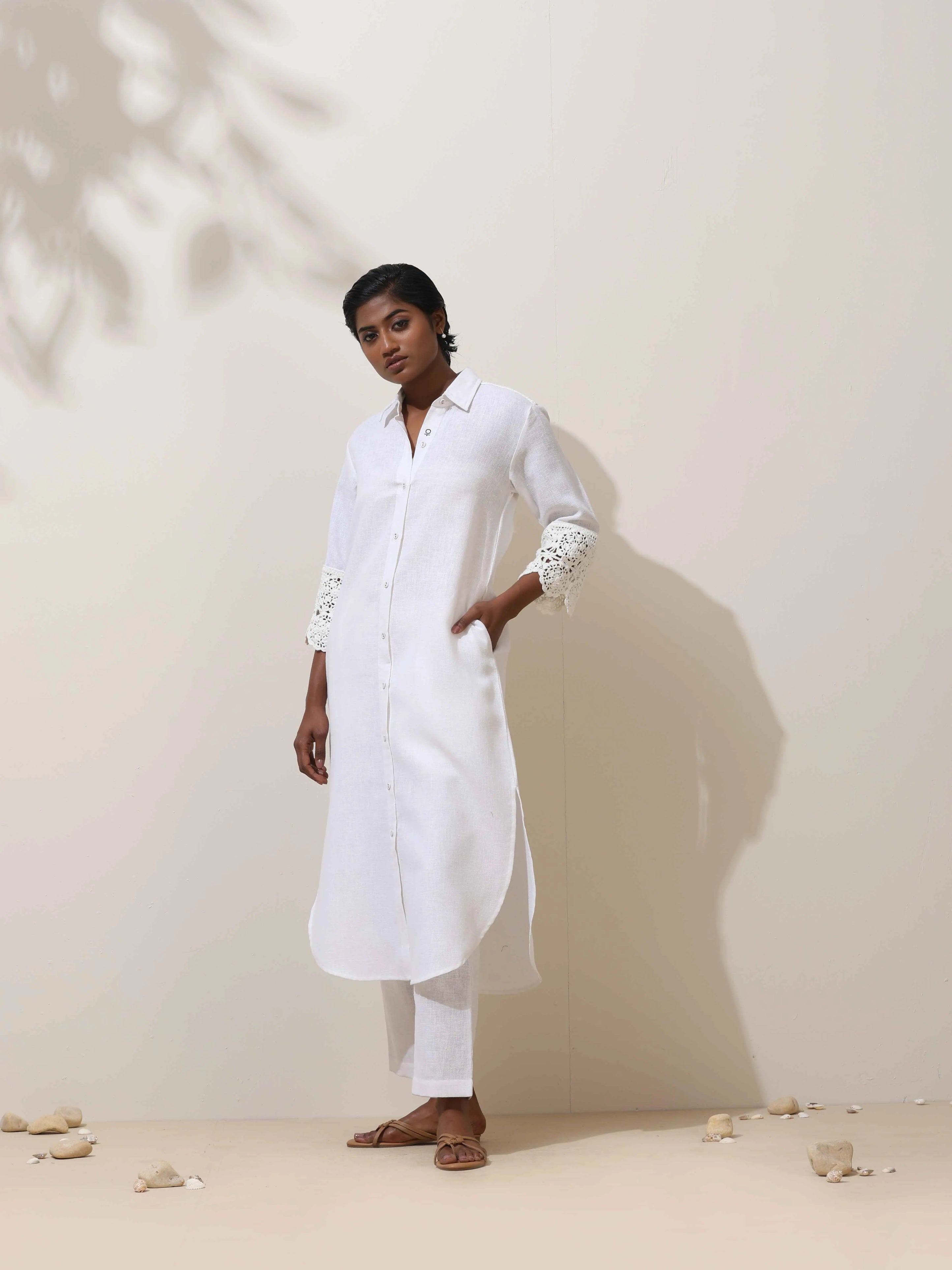 trueBrowns Luna White Crochet Natural Cotton Kurta Pant Set