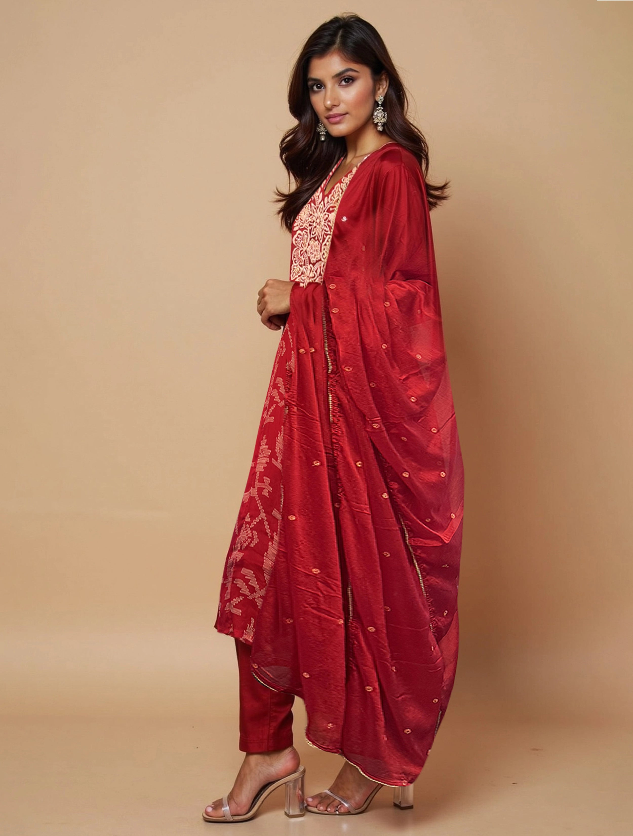 trueBrowns Red Printed A-Line Kurta Pant Dupatta Set