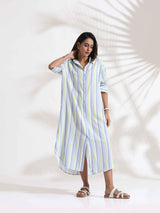 trueBrowns White Cotton Multi Stripe Shirt Dress