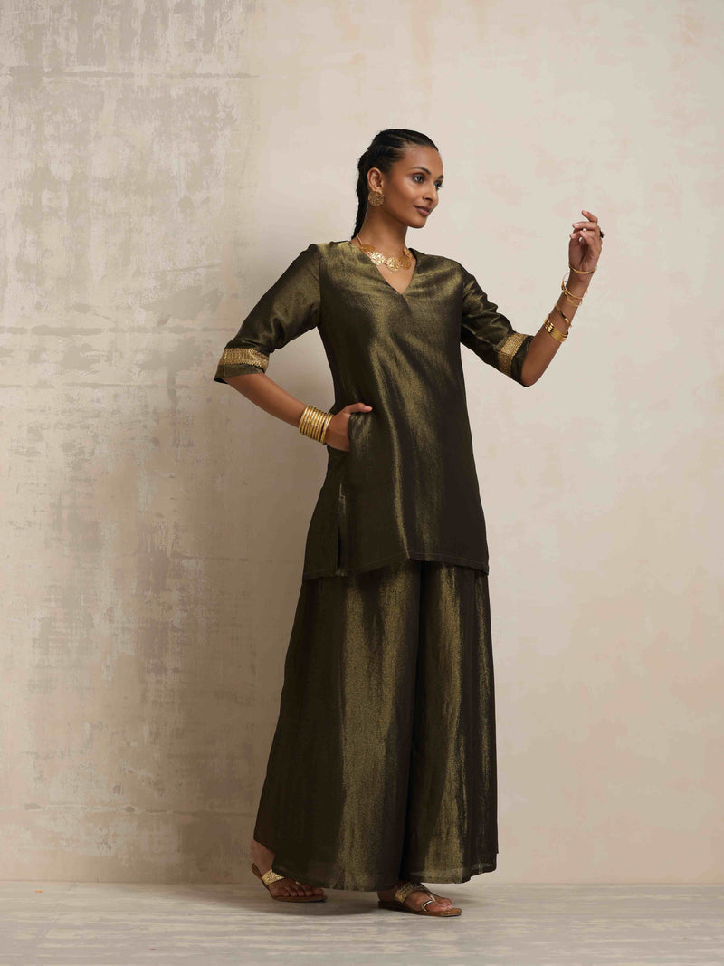 trueBrowns Olive Green Tissue Sharara Set