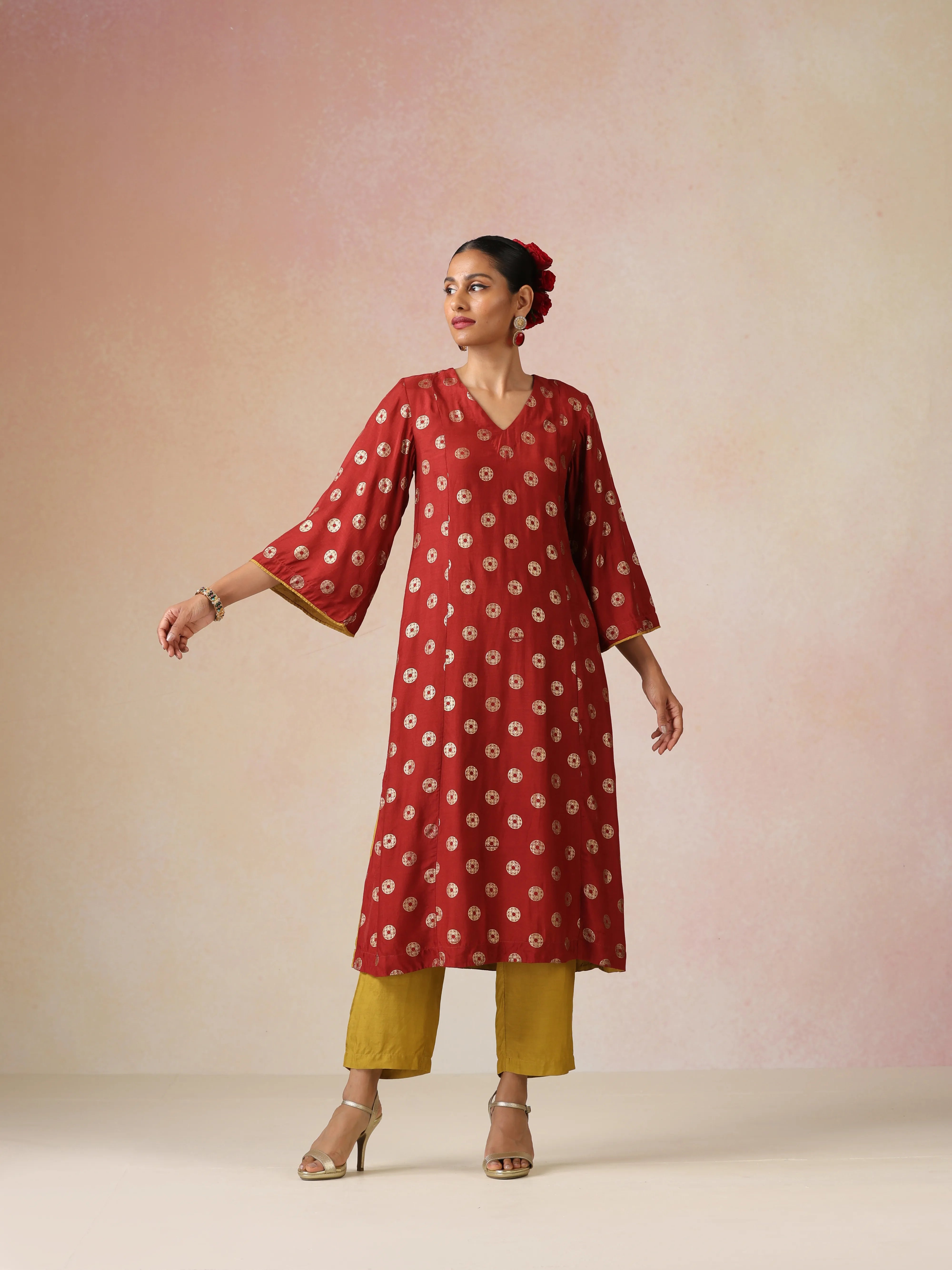 trueBrowns Red Gold Foil Print Muslin Silk A-line Kurta Set