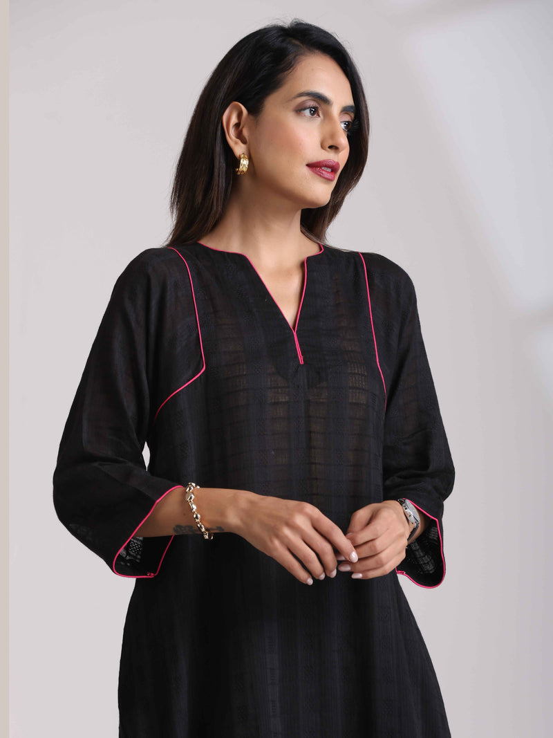 trueBrowns Black Cotton Dobby Kurta Co-ord set