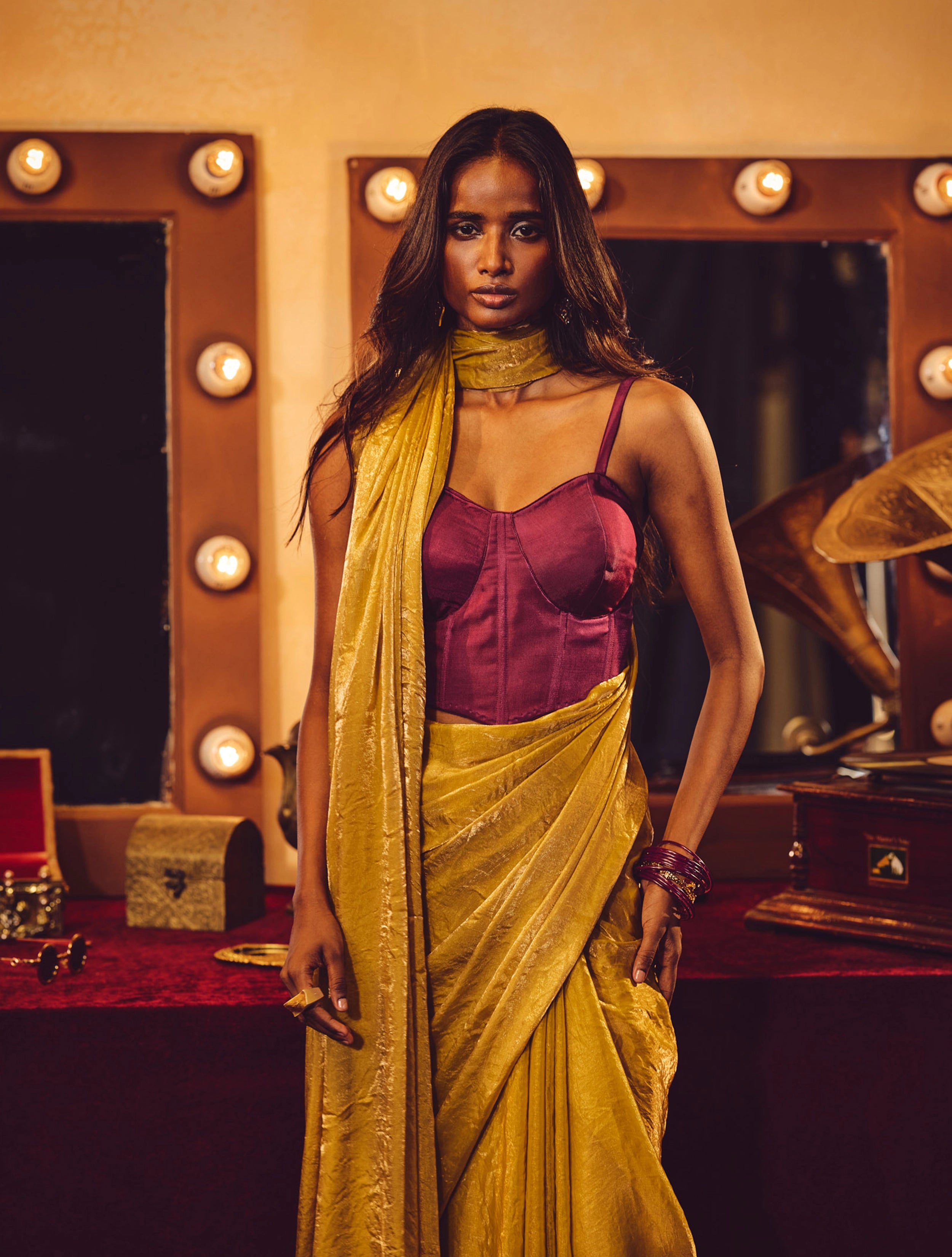 trueBrowns Gold Tissue Saree With Unstitched Blouse